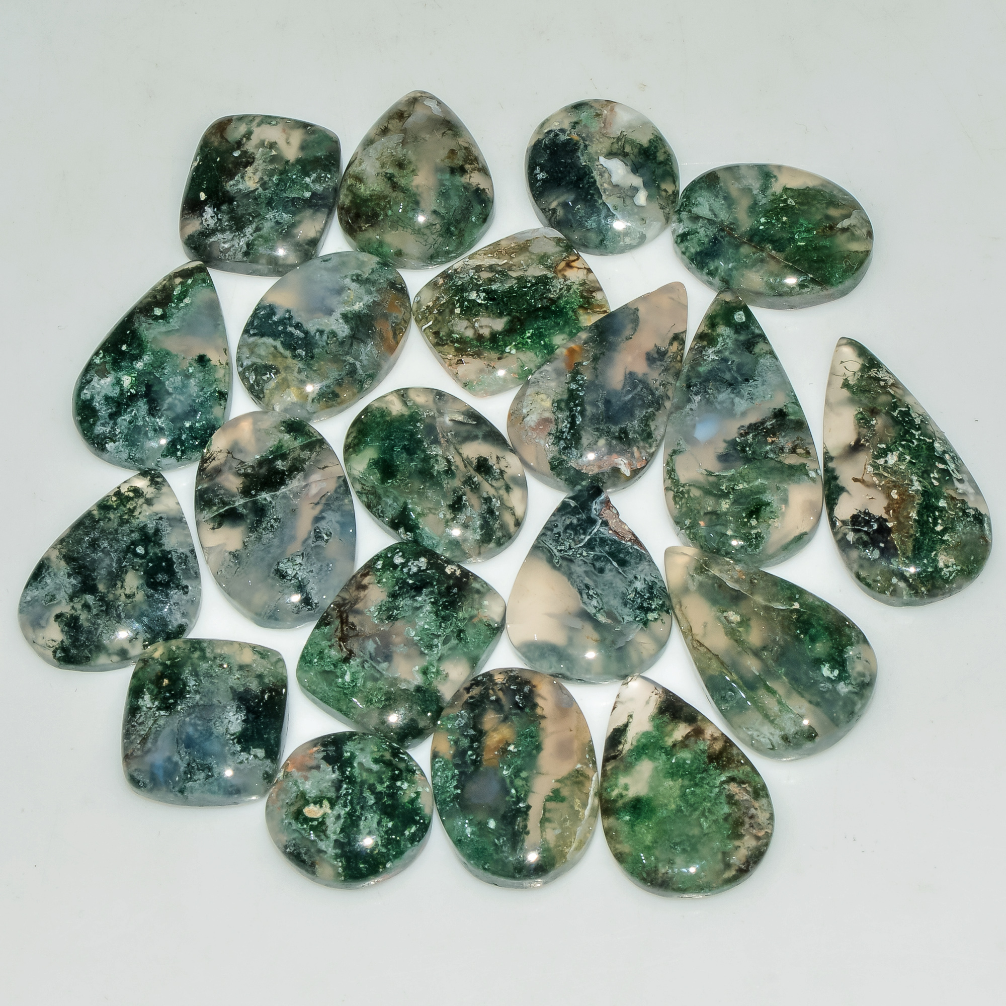 20 Pcs 203 Cts Green Moss Agate Cabochon Loose Gemstone Lot Natural Crystal For Healing and Reiki 27X13 13X13mm 18166