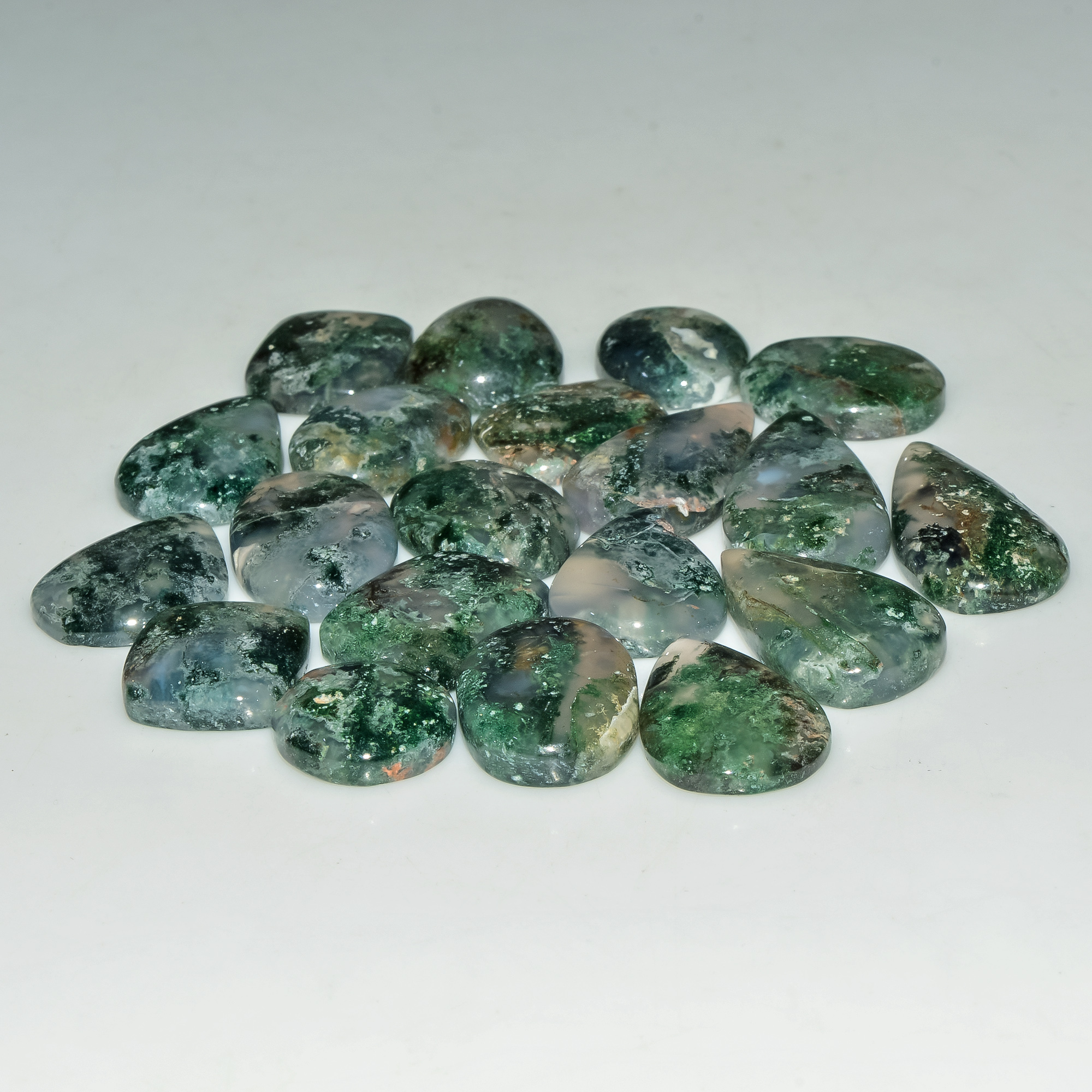 20 Pcs 203 Cts Green Moss Agate Cabochon Loose Gemstone Lot Natural Crystal For Healing and Reiki 27X13 13X13mm 18166