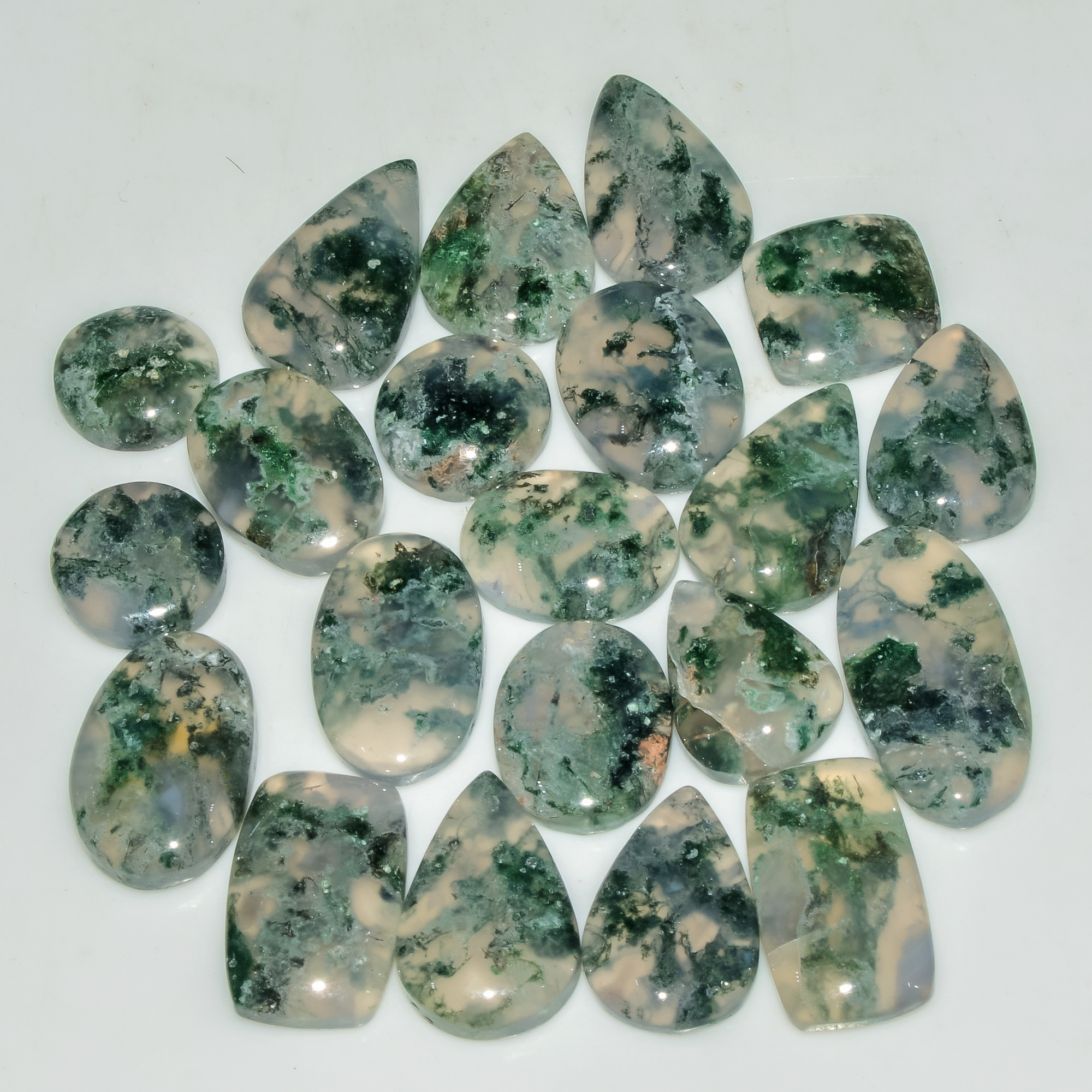 21 Pcs 172 Cts Green Moss Agate Cabochon Loose Gemstone Lot Natural Crystal For Healing and Reiki 23X11 11X11mm 18167