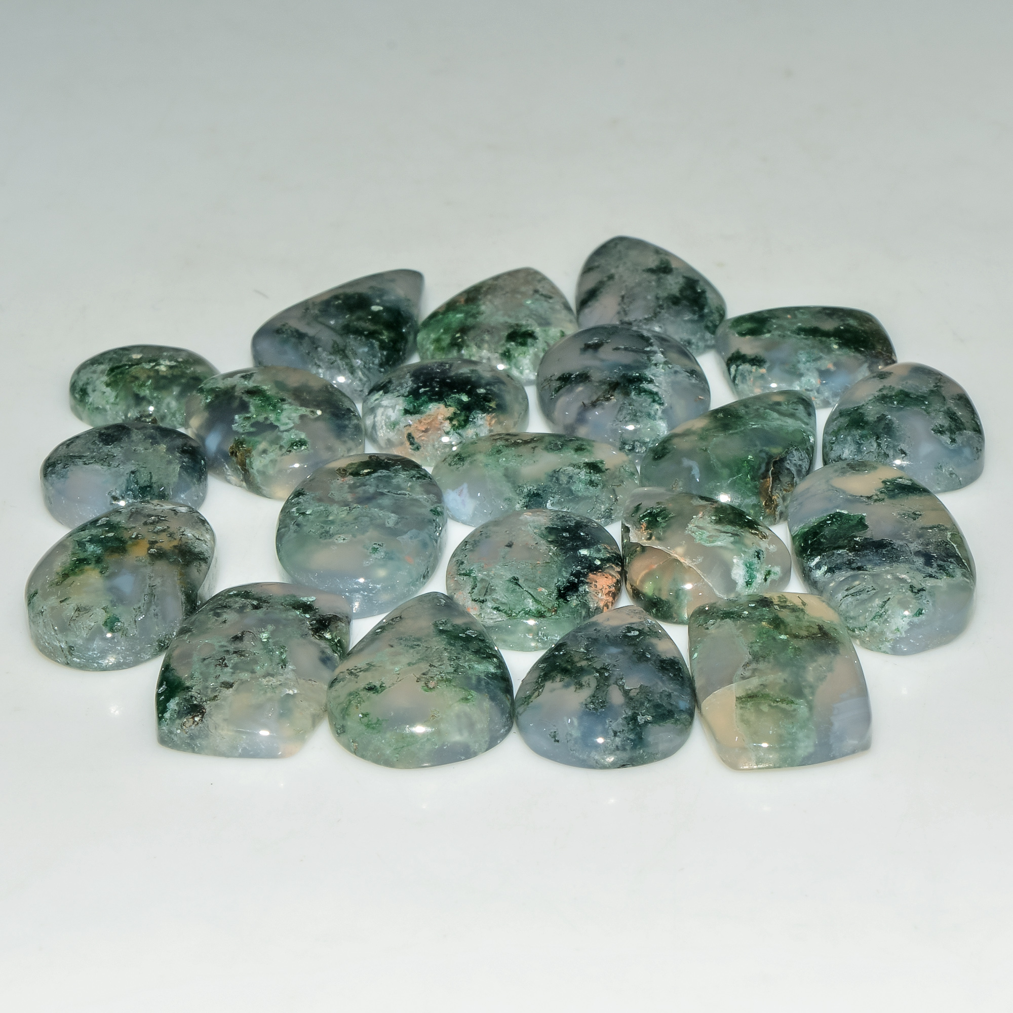 21 Pcs 172 Cts Green Moss Agate Cabochon Loose Gemstone Lot Natural Crystal For Healing and Reiki 23X11 11X11mm 18167