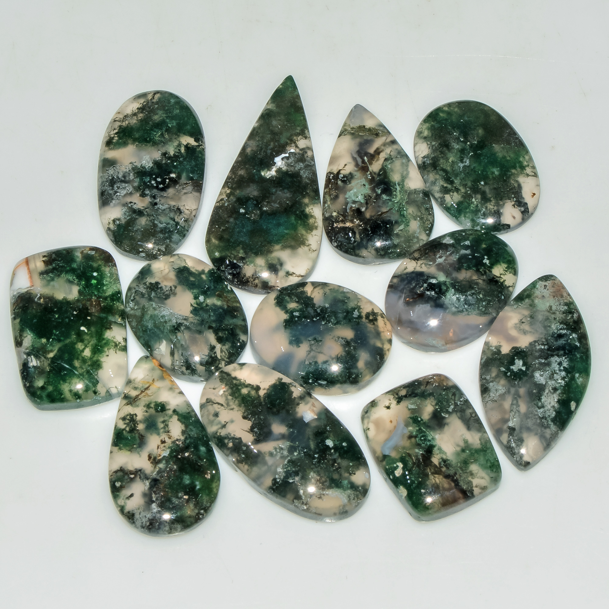 12 Pcs 136 Cts Green Moss Agate Cabochon Loose Gemstone Lot Natural Crystal For Healing and Reiki 30X14 17X12mm 18168