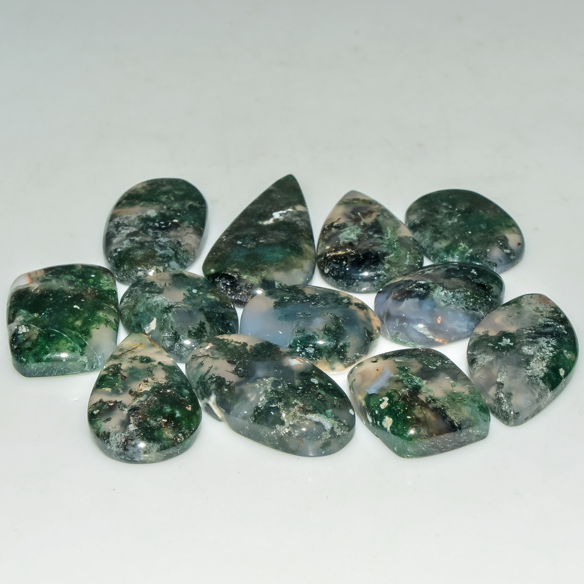 12 Pcs 136 Cts Green Moss Agate Cabochon Loose Gemstone Lot Natural Crystal For Healing and Reiki 30X14 17X12mm 18168