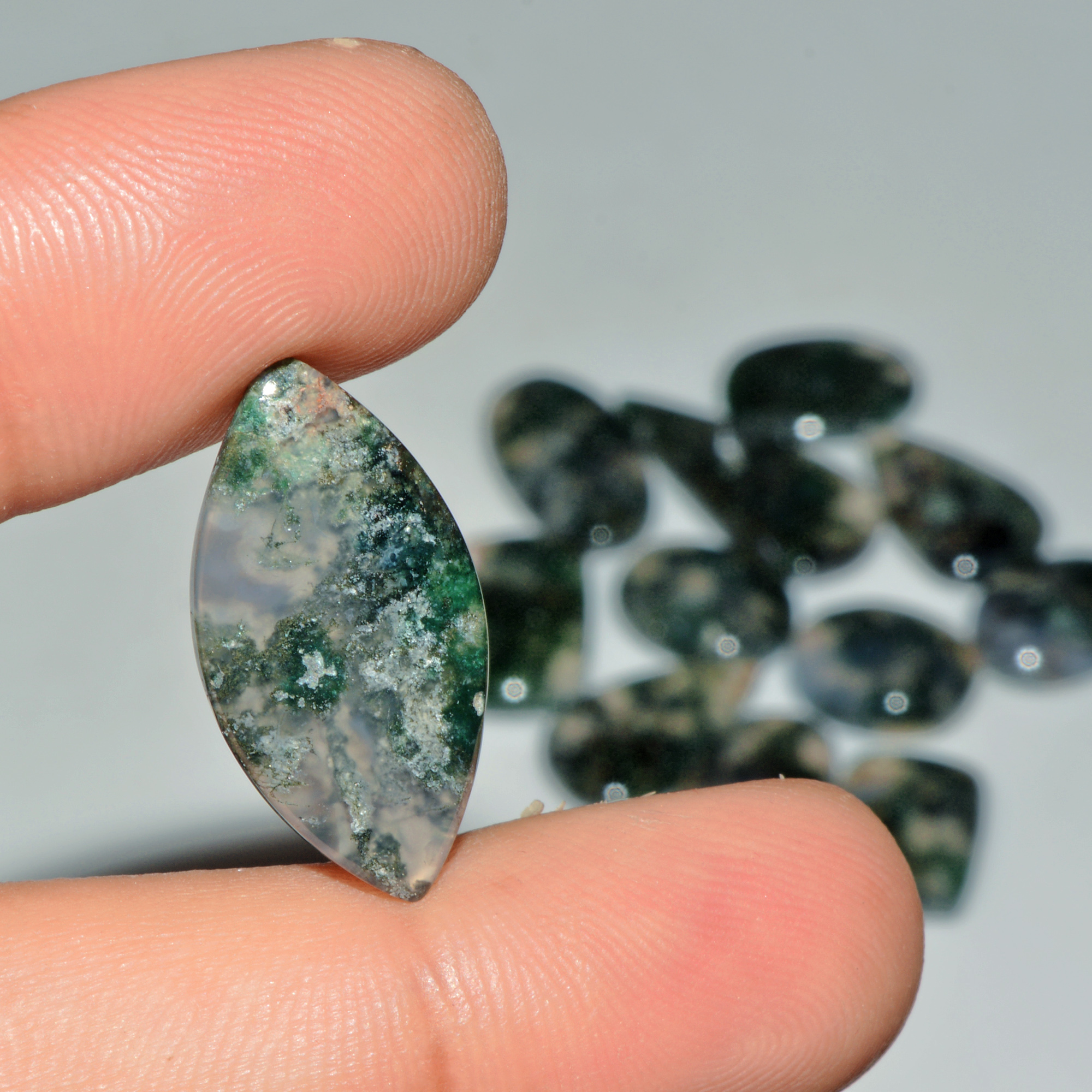 12 Pcs 136 Cts Green Moss Agate Cabochon Loose Gemstone Lot Natural Crystal For Healing and Reiki 30X14 17X12mm 18168