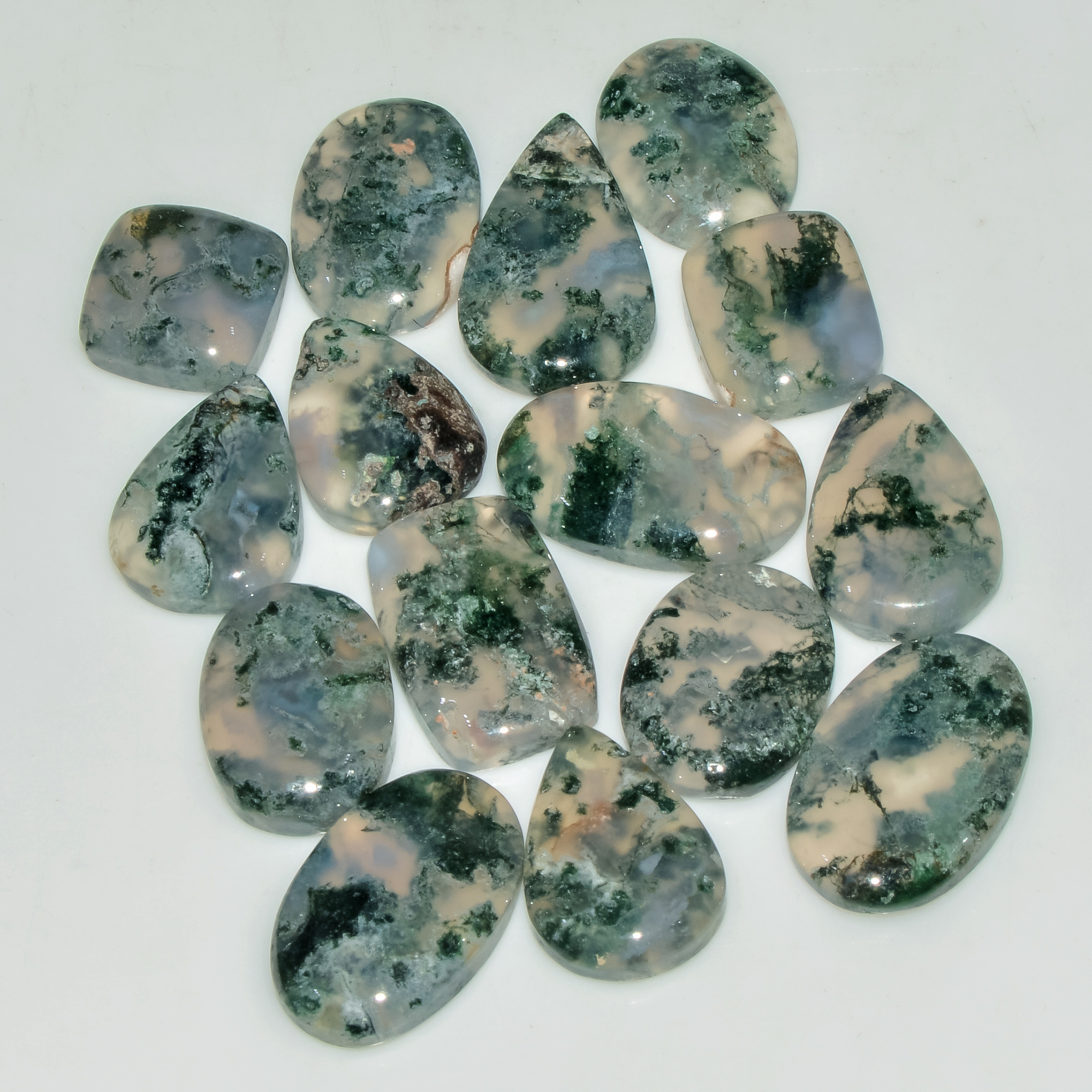 15 Pcs 155 Cts Green Moss Agate Cabochon Loose Gemstone Lot Natural Crystal For Healing and Reiki 22X13 17X13mm 18169