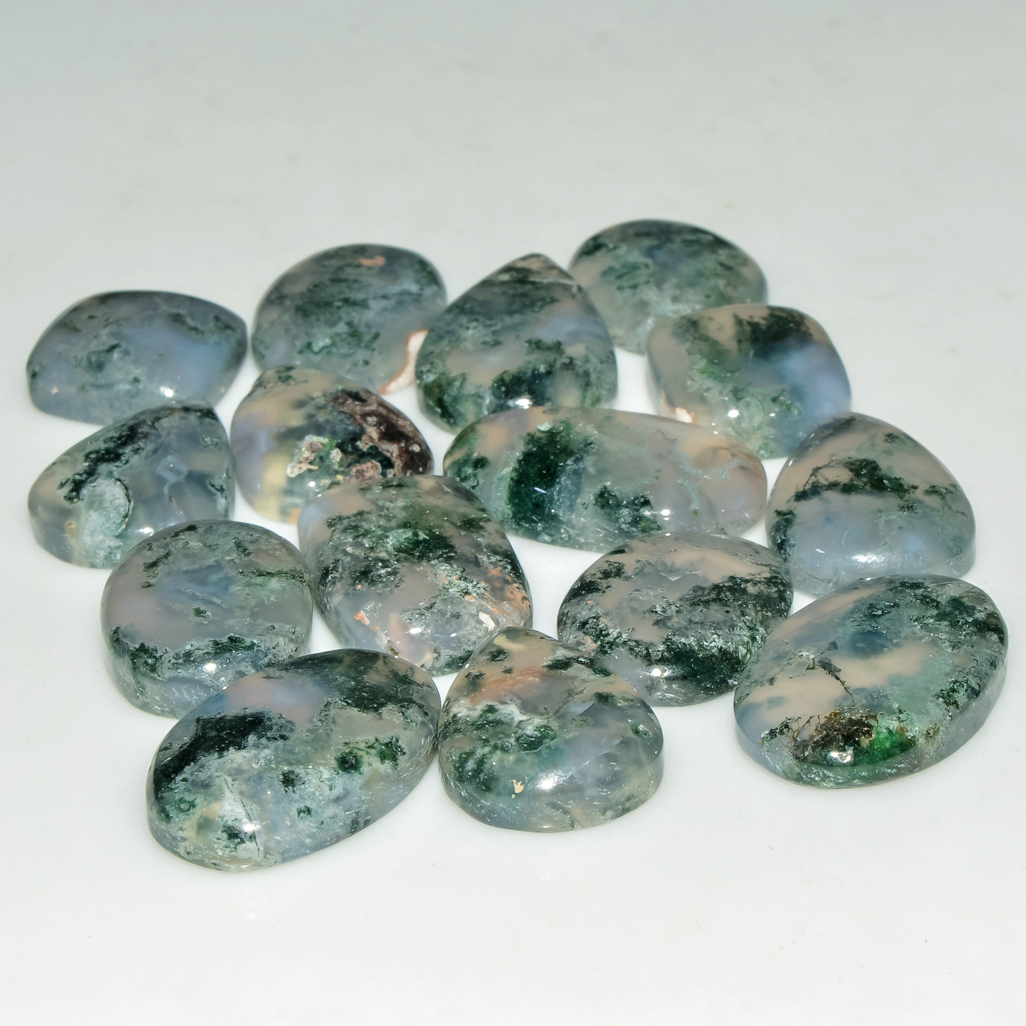 15 Pcs 155 Cts Green Moss Agate Cabochon Loose Gemstone Lot Natural Crystal For Healing and Reiki 22X13 17X13mm 18169