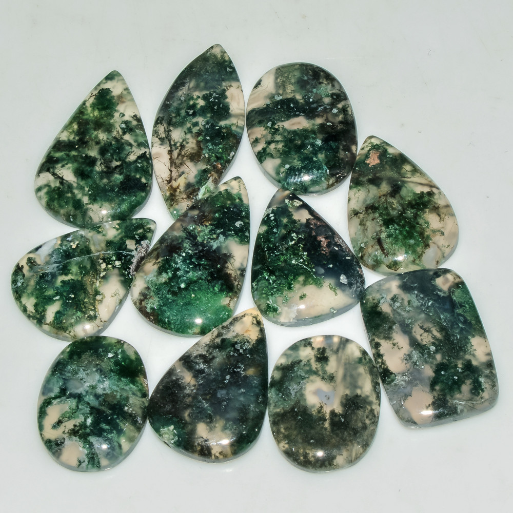 Image of 11 Pcs 180 Cts Natural Moss Agate Gemstone Cabochon Lot Semi-Precious Stones For Healing 29X18 23X16mm #18171