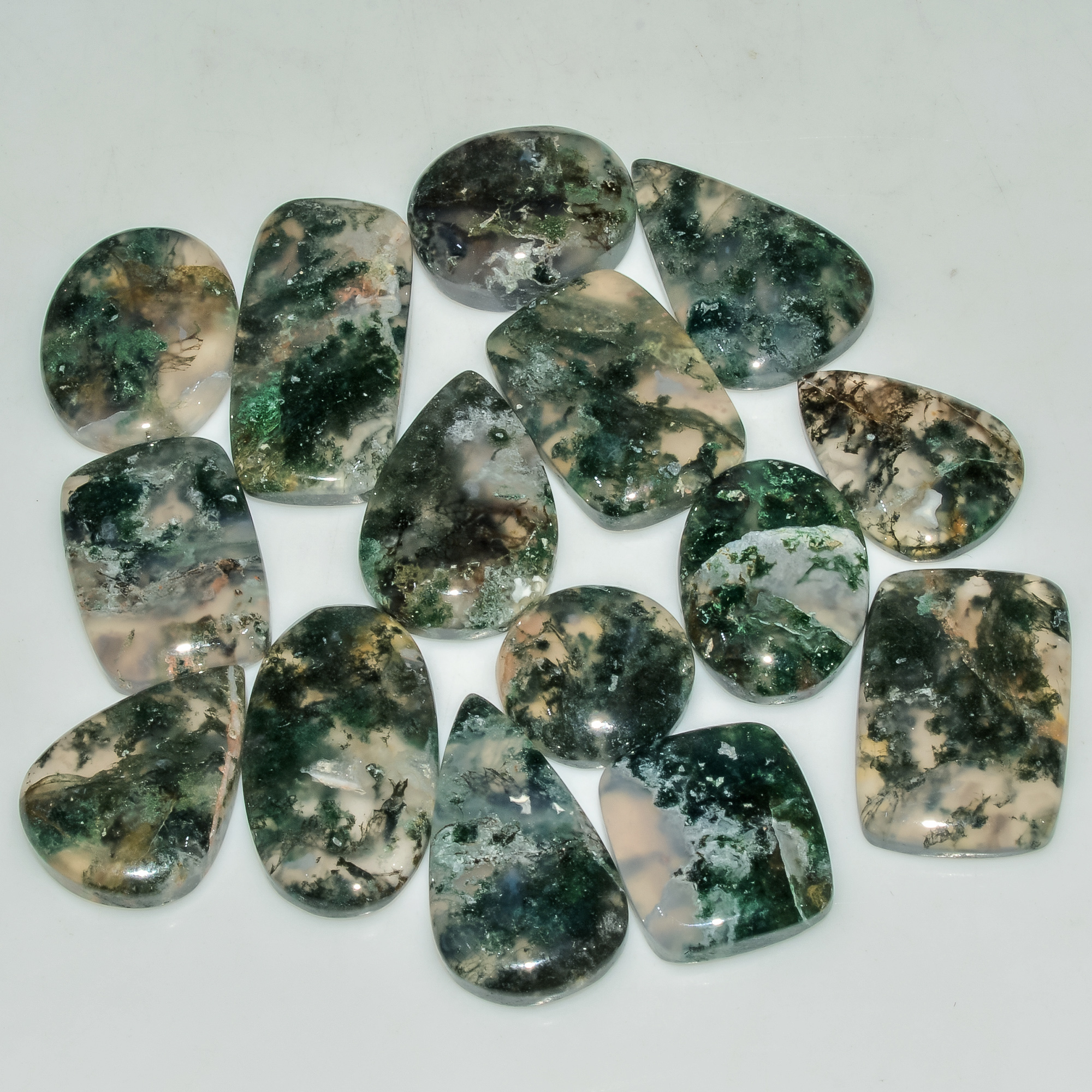 15 Pcs 212 Cts Natural Moss Agate Gemstone Cabochon Lot Semi-Precious Stones For Healing 27x13 14x14mm 18172