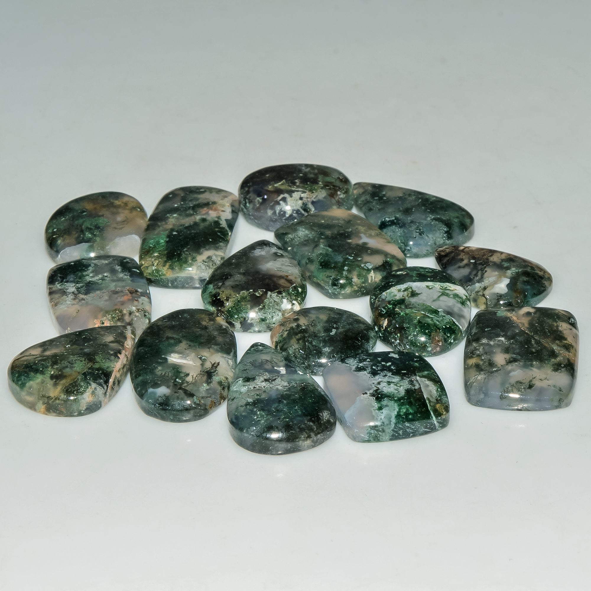 15 Pcs 212 Cts Natural Moss Agate Gemstone Cabochon Lot Semi-Precious Stones For Healing 27x13 14x14mm 18172