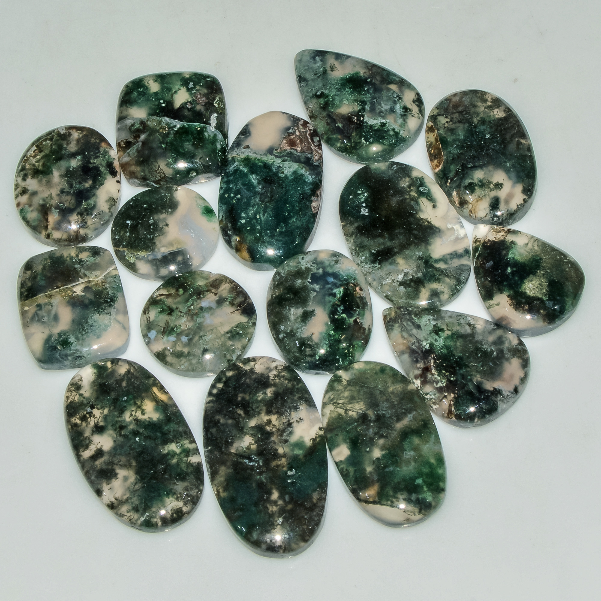 15 Pcs 199 Cts Natural Moss Agate Gemstone Cabochon Lot Semi-Precious Stones For Healing 29x15 14x14mm 18173