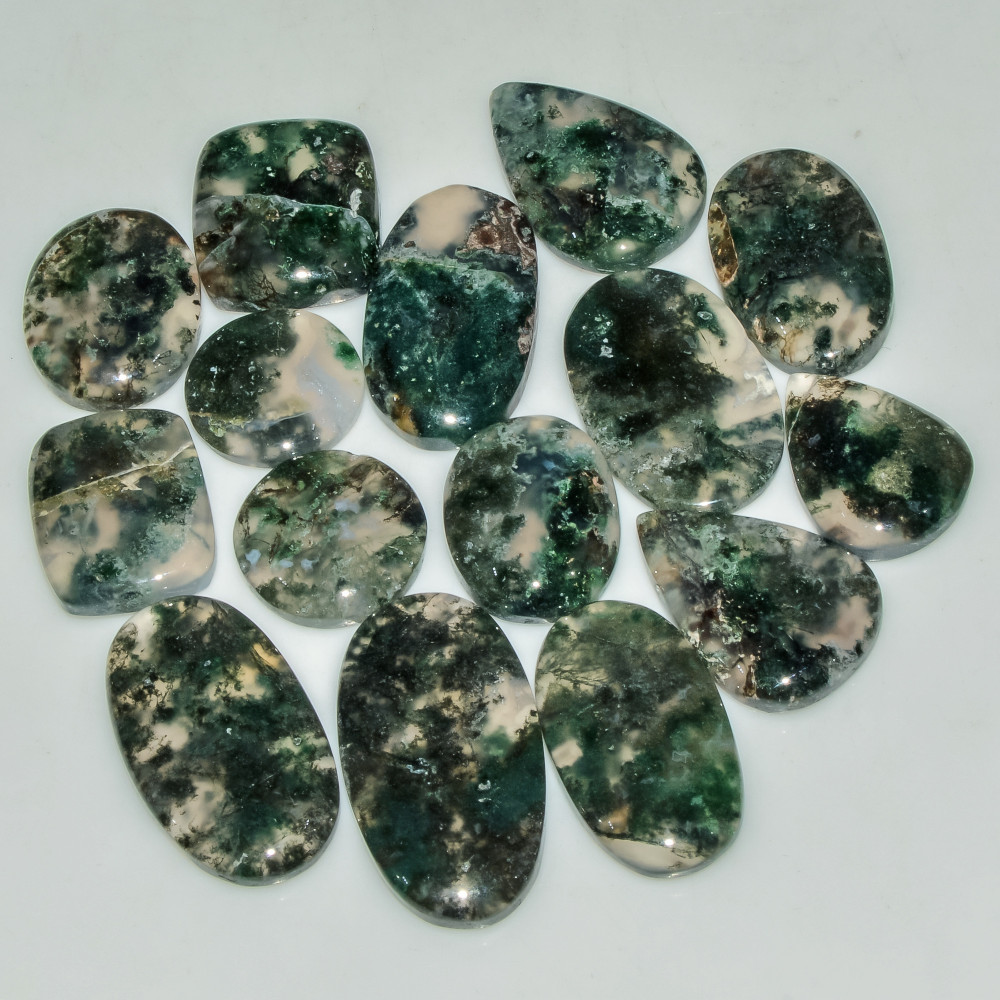 Image of 15 Pcs 199 Cts Natural Moss Agate Gemstone Cabochon Lot Semi-Precious Stones For Healing 29x15 14x14mm #18173