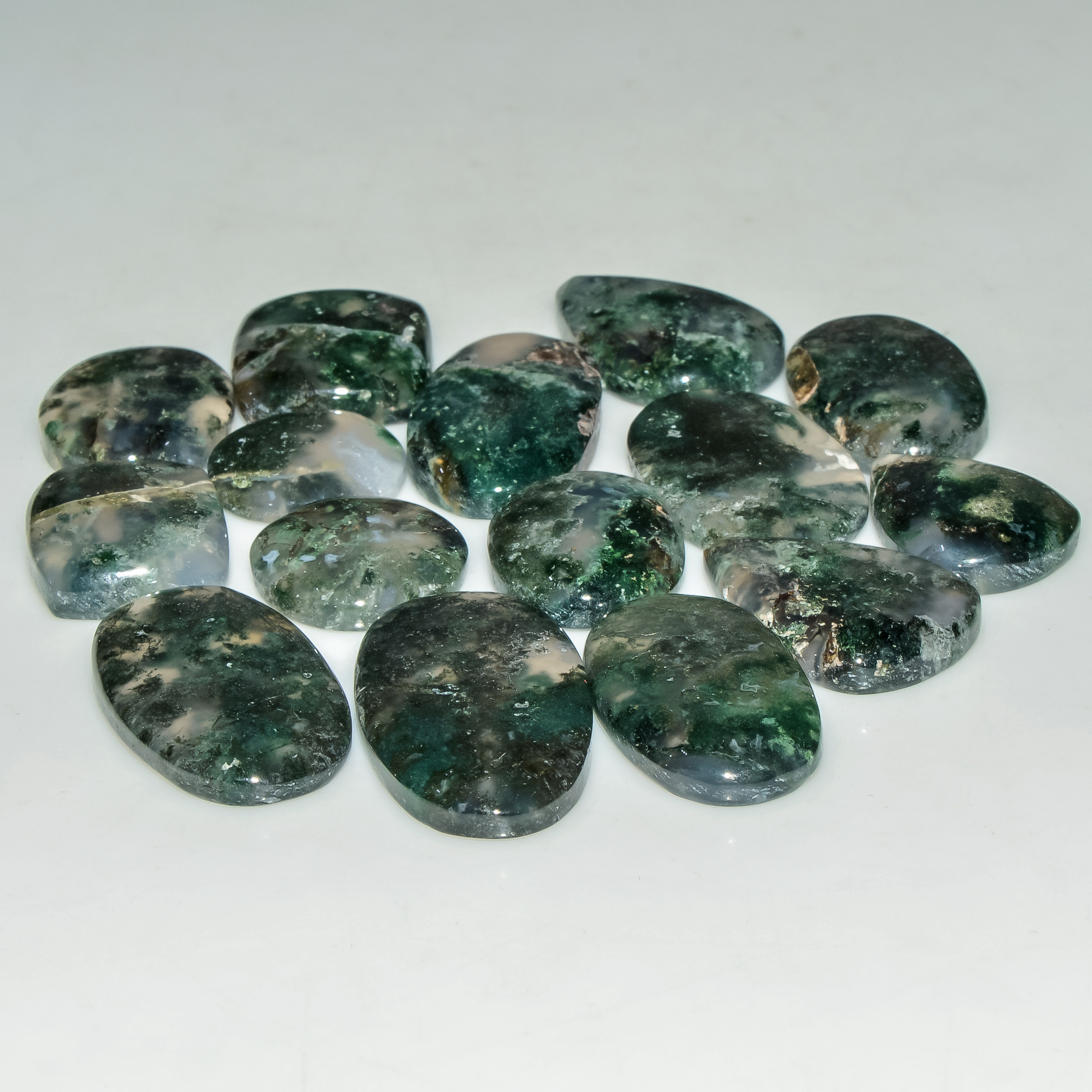 15 Pcs 199 Cts Natural Moss Agate Gemstone Cabochon Lot Semi-Precious Stones For Healing 29x15 14x14mm 18173