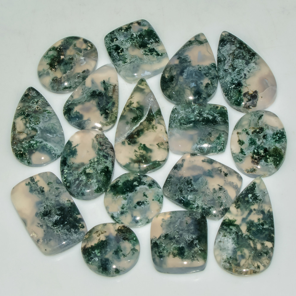 Image of 16 Pcs 197 Cts Natural Moss Agate Gemstone Cabochon Lot Semi-Precious Stones For Healing 28x14 15x15mm #18174
