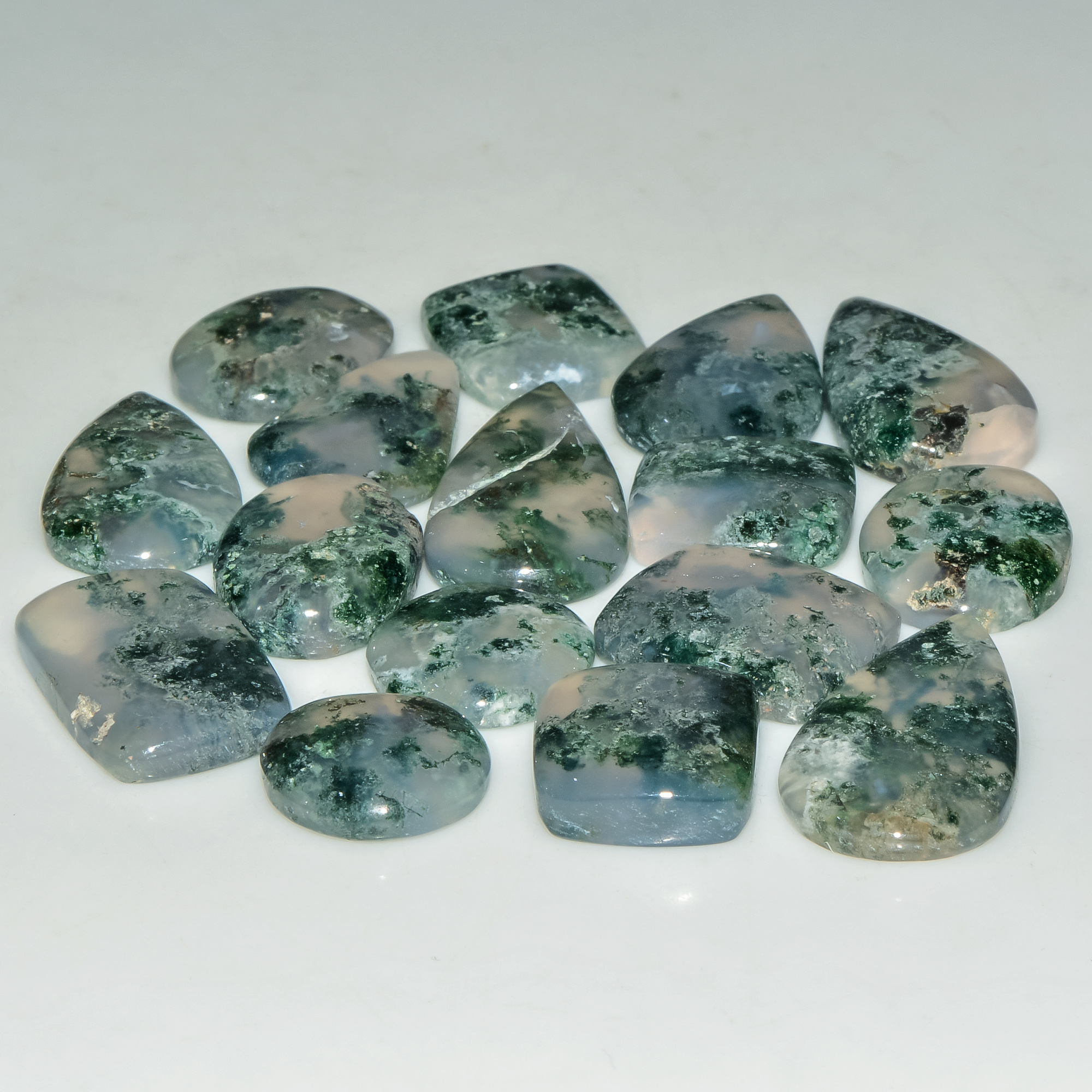 16 Pcs 197 Cts Natural Moss Agate Gemstone Cabochon Lot Semi-Precious Stones For Healing 28x14 15x15mm 18174