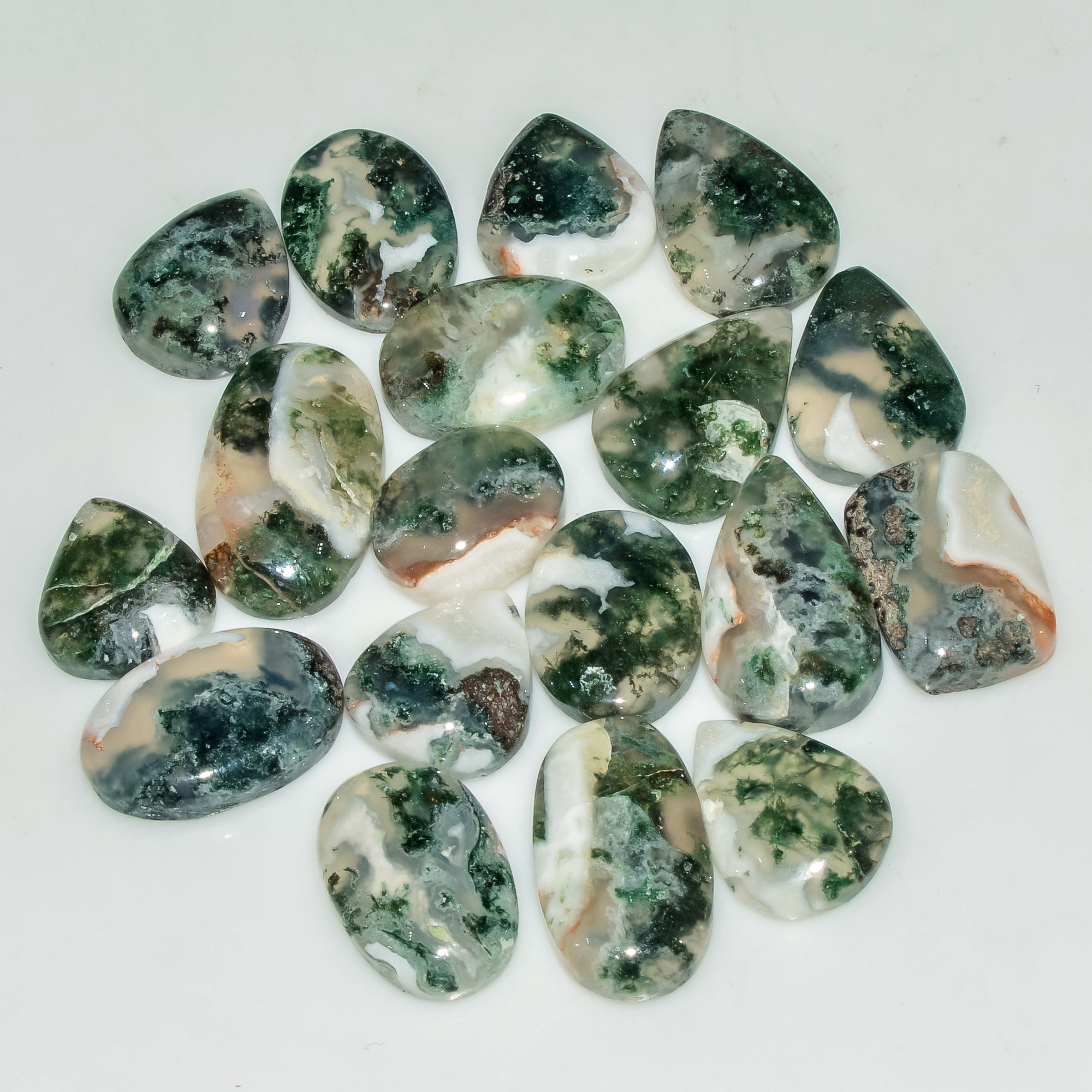 18 Pcs 155 Cts Natural Moss Agate Gemstone Cabochon Lot Semi-Precious Stones For Healing 22x12 14x12mm 18175