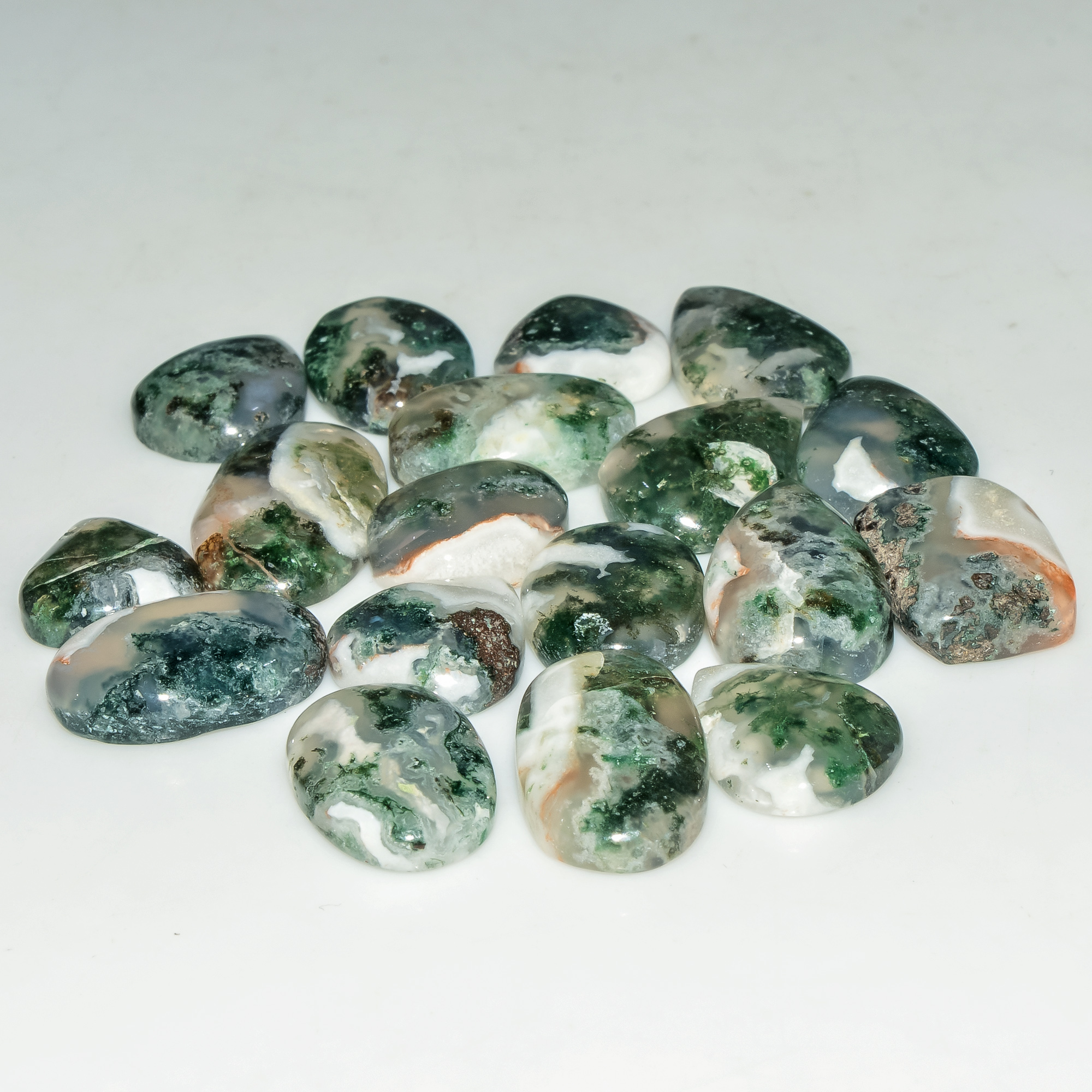 18 Pcs 155 Cts Natural Moss Agate Gemstone Cabochon Lot Semi-Precious Stones For Healing 22x12 14x12mm 18175