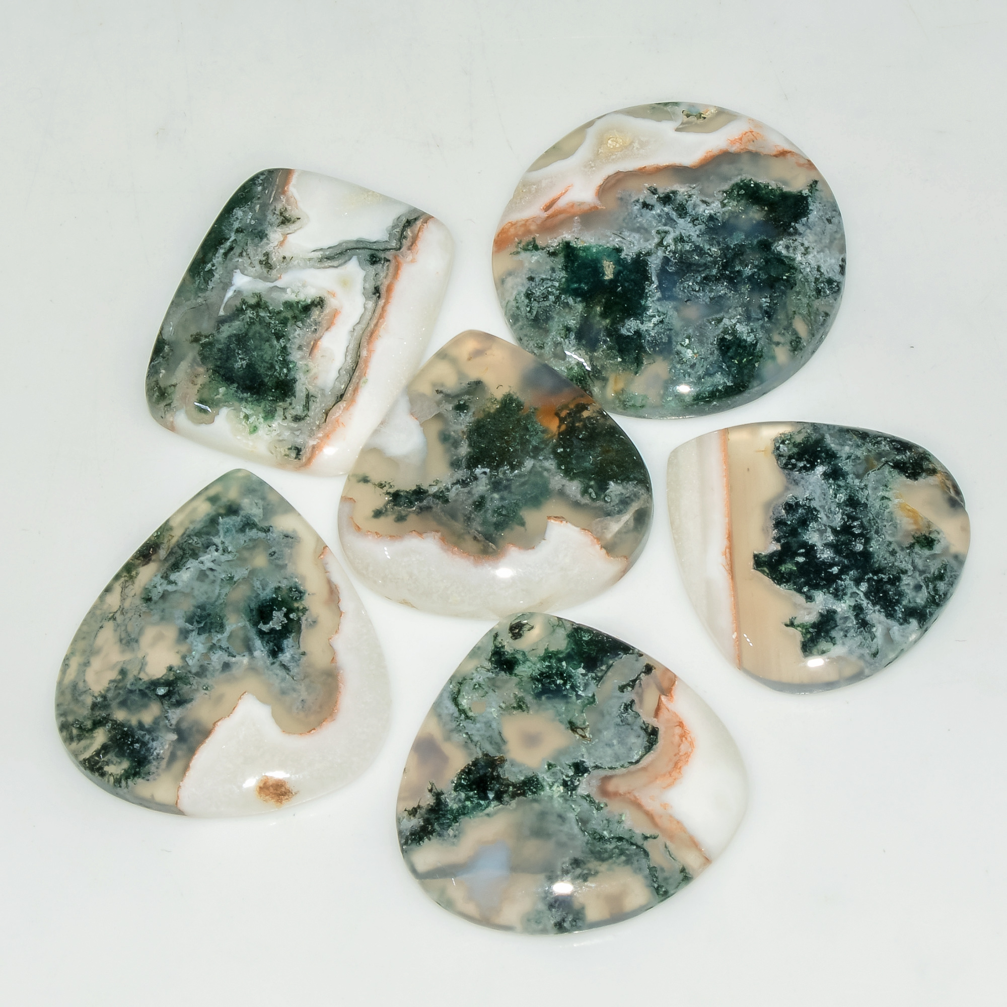 6 Pcs 112 Cts Natural Moss Agate Gemstone Cabochon Lot Semi-Precious Stones For Healing 27x23 22x20mm 18176