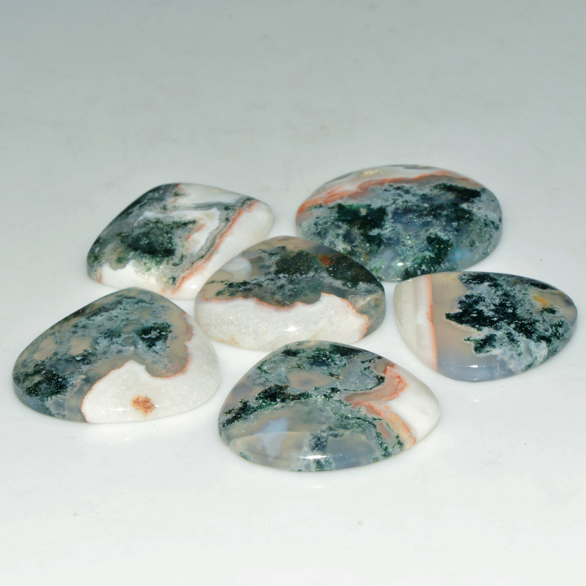 6 Pcs 112 Cts Natural Moss Agate Gemstone Cabochon Lot Semi-Precious Stones For Healing 27x23 22x20mm 18176