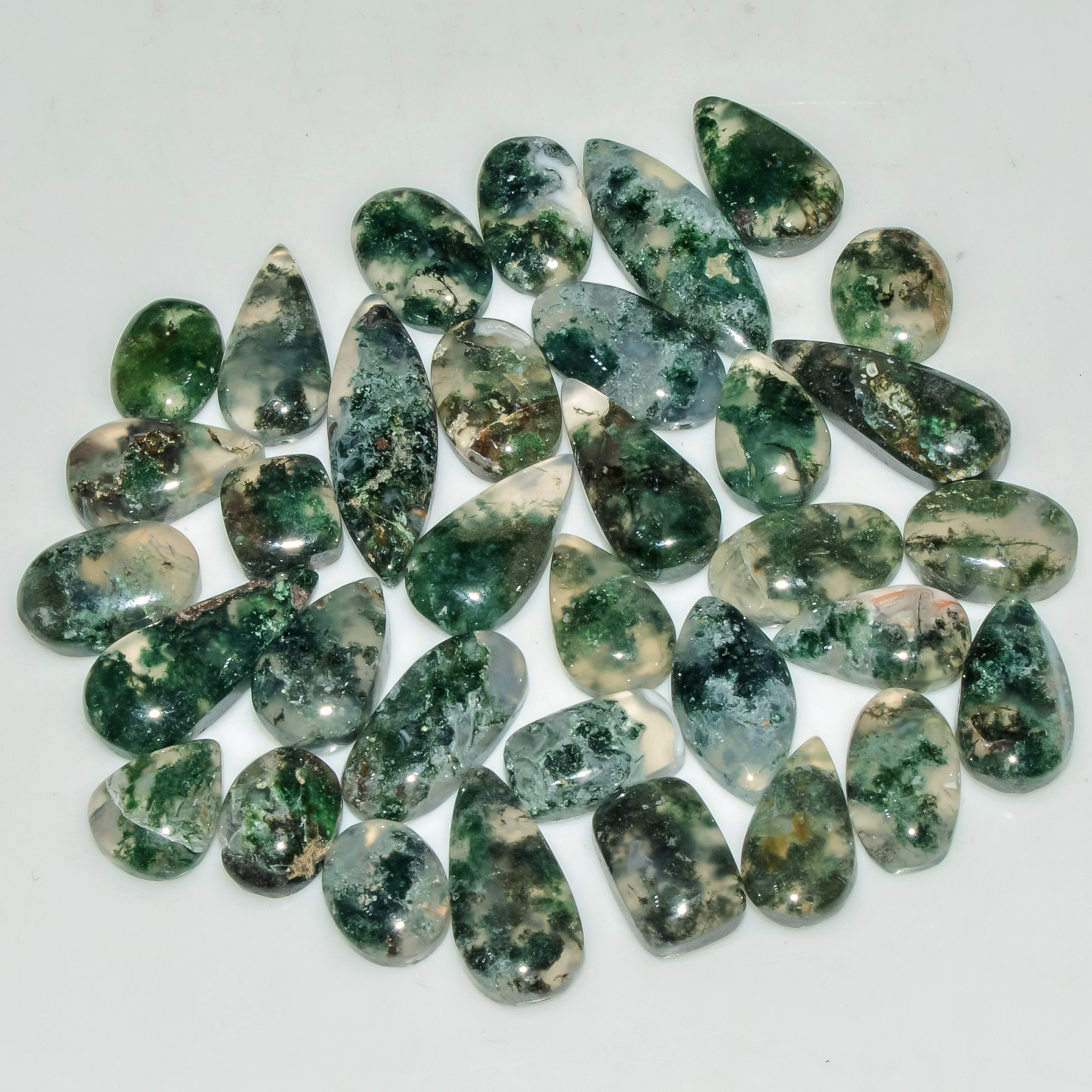 34 Pcs 147 Cts Natural Moss Agate Gemstone Cabochon Lot Semi-Precious Stones For Healing 23x7 8x8mm 18177