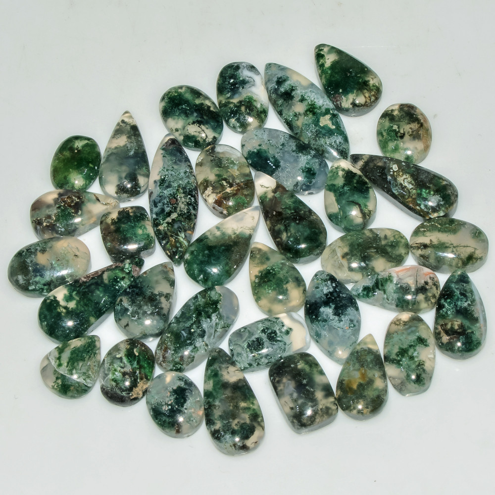 Image of 34 Pcs 147 Cts Natural Moss Agate Gemstone Cabochon Lot Semi-Precious Stones For Healing 23x7 8x8mm #18177