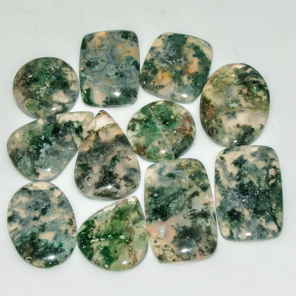 Image of 11 Pcs 166 Cts Natural Moss Agate Gemstone Cabochon Lot Semi-Precious Stones For Healing 27x16 17x17mm #18179