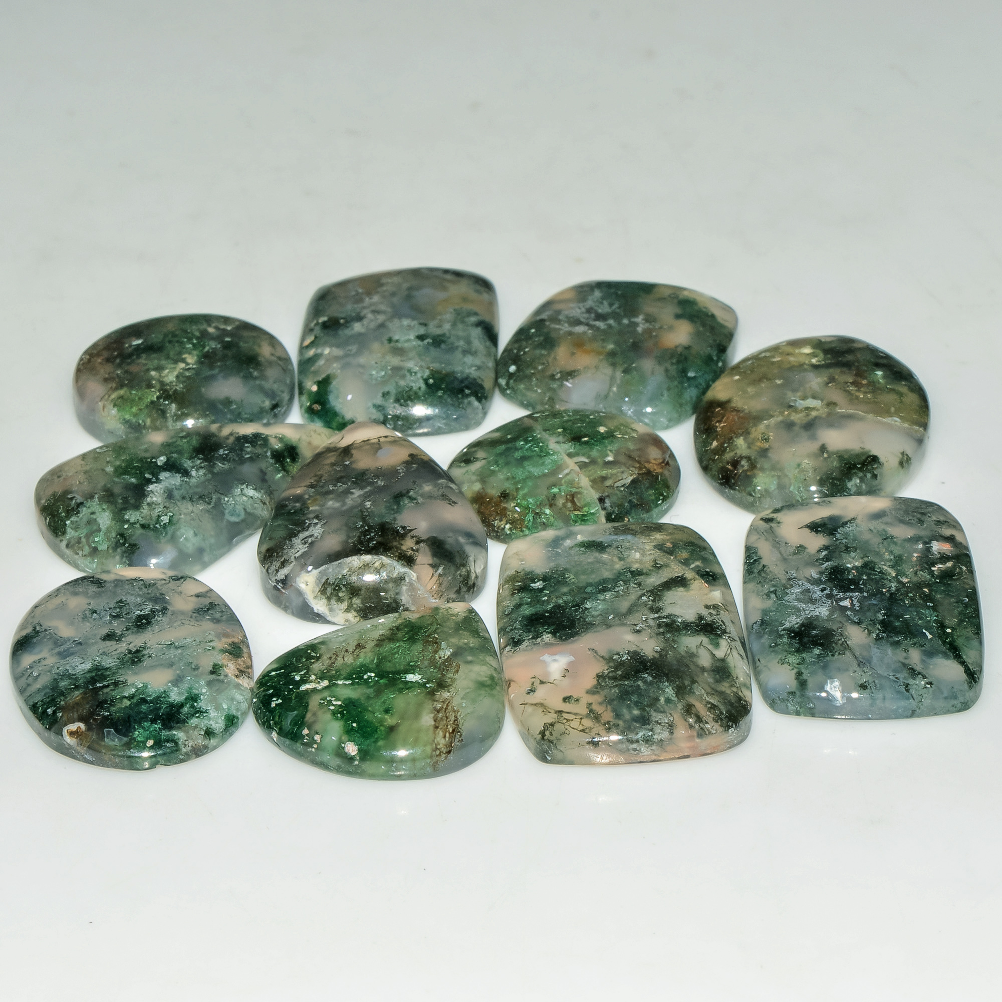 11 Pcs 166 Cts Natural Moss Agate Gemstone Cabochon Lot Semi-Precious Stones For Healing 27x16 17x17mm 18179