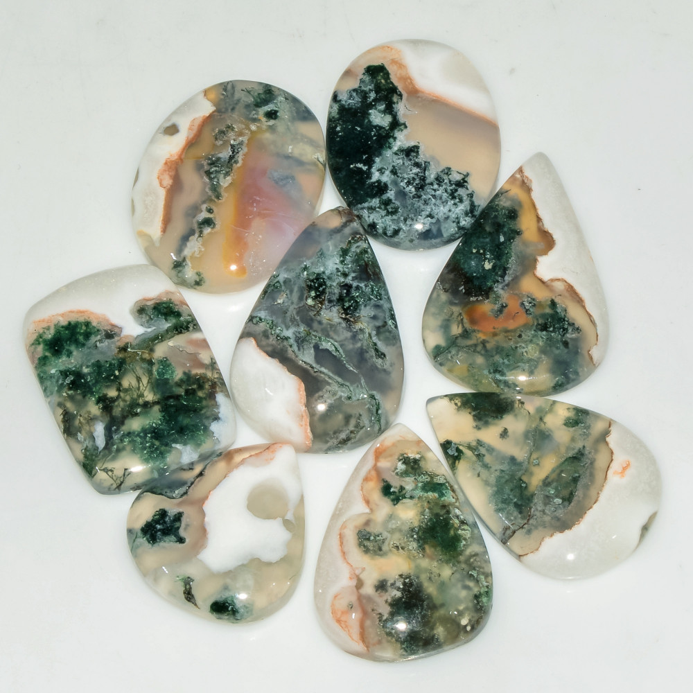 Image of 8 Pcs 133 Cts Natural Moss Agate Gemstone Cabochon Lot Semi-Precious Stones For Healing 26x16 19x17mm #18180