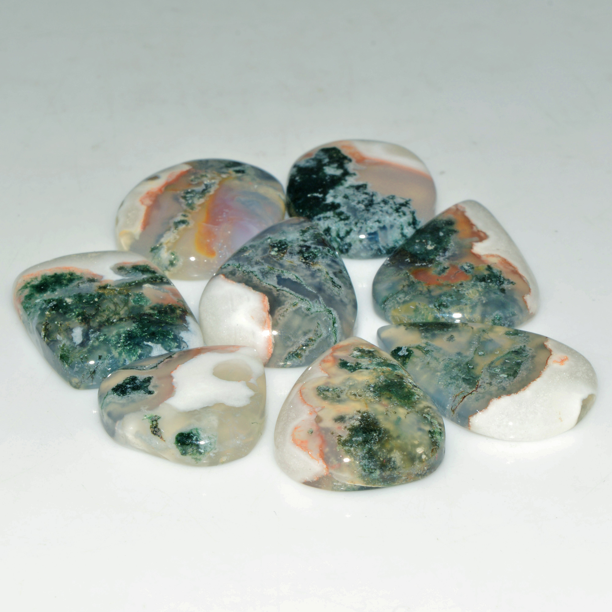 8 Pcs 133 Cts Natural Moss Agate Gemstone Cabochon Lot Semi-Precious Stones For Healing 26x16 19x17mm 18180