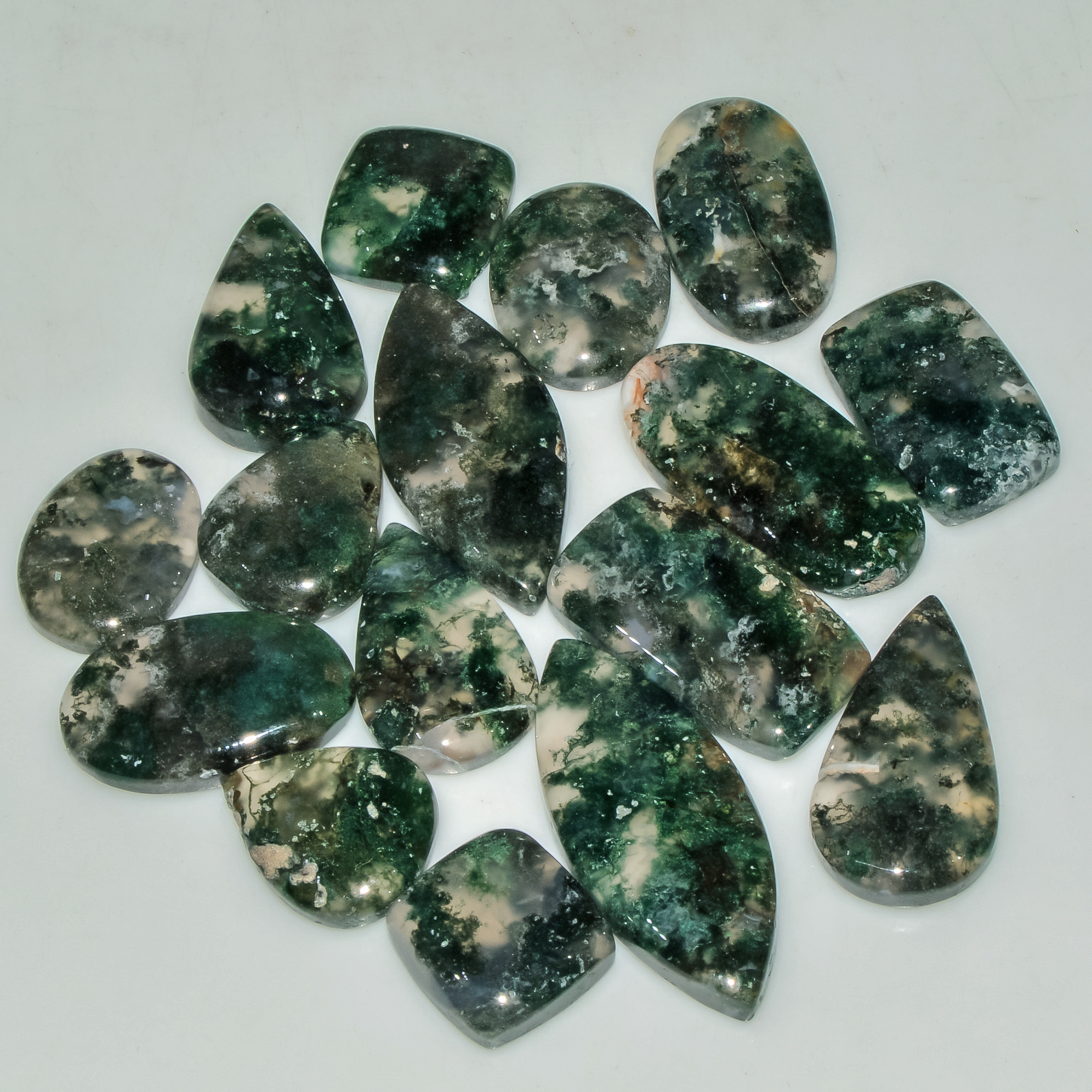 16 Pcs 192 Cts Natural Moss Agate Gemstone Cabochon Lot Semi-Precious Stones For Healing 32x13 13x13mm 18181
