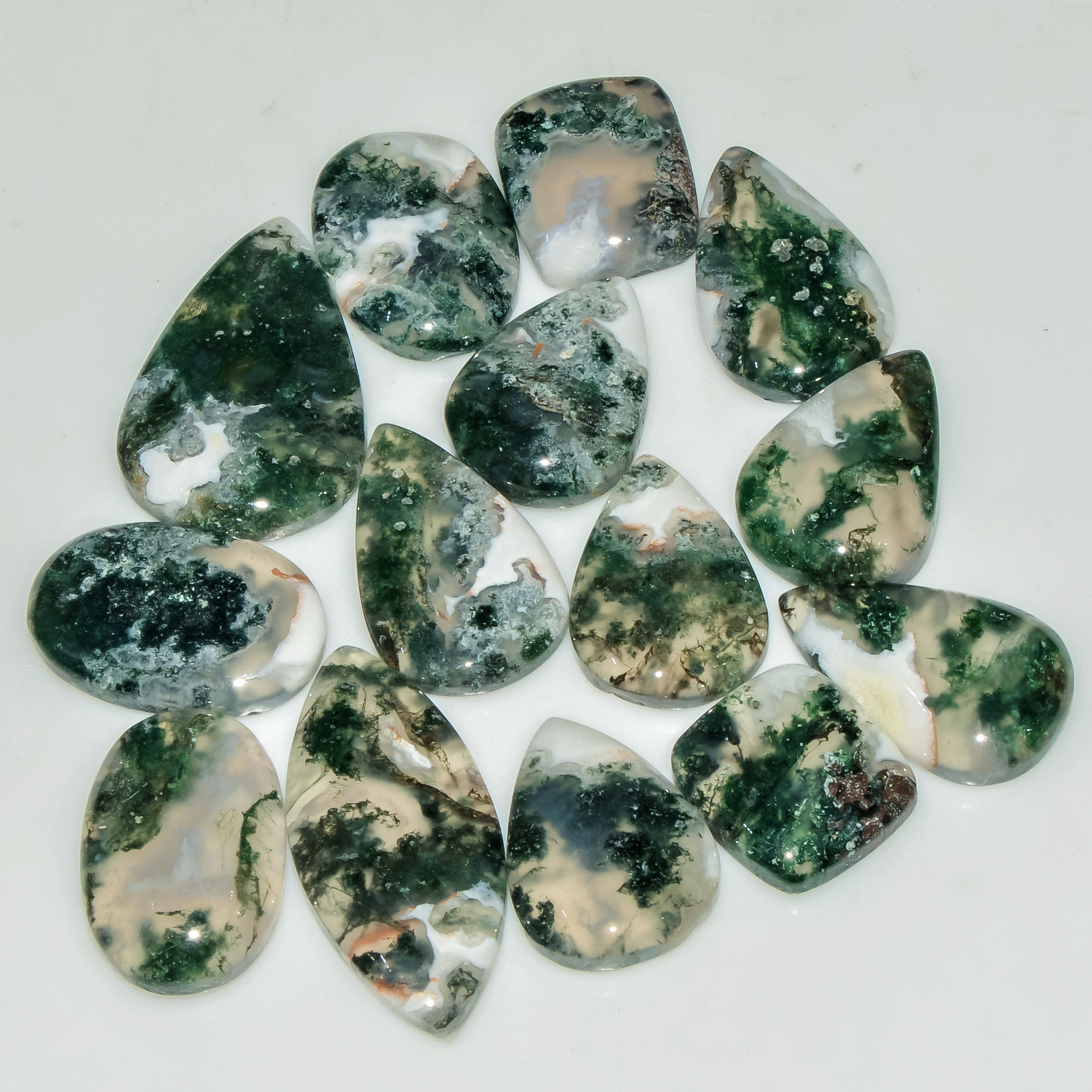 14 Pcs 150 Cts Natural Moss Agate Gemstone Cabochon Lot Semi-Precious Stones For Healing 25x17 14x13mm 18183