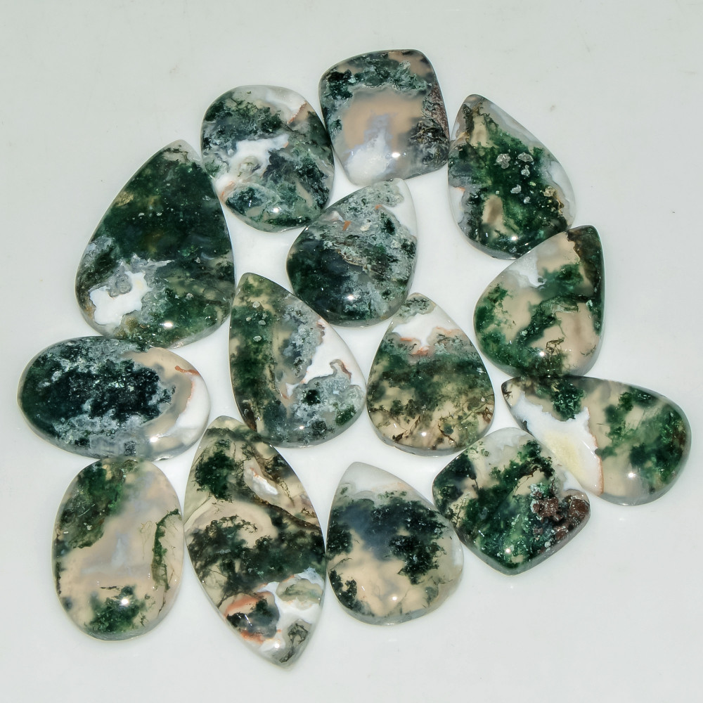 Image of 14 Pcs 150 Cts Natural Moss Agate Gemstone Cabochon Lot Semi-Precious Stones For Healing 25x17 14x13mm #18183