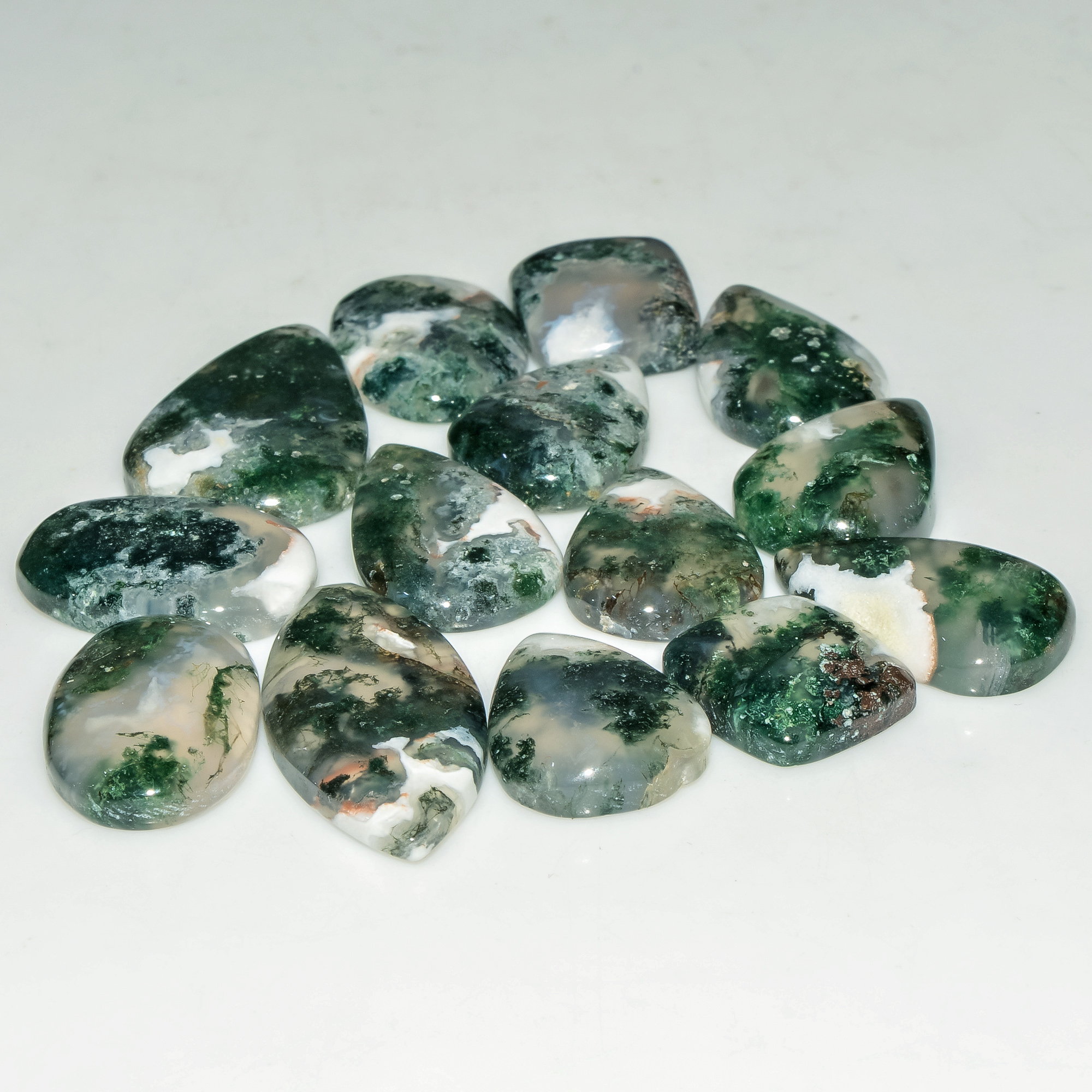 14 Pcs 150 Cts Natural Moss Agate Gemstone Cabochon Lot Semi-Precious Stones For Healing 25x17 14x13mm 18183