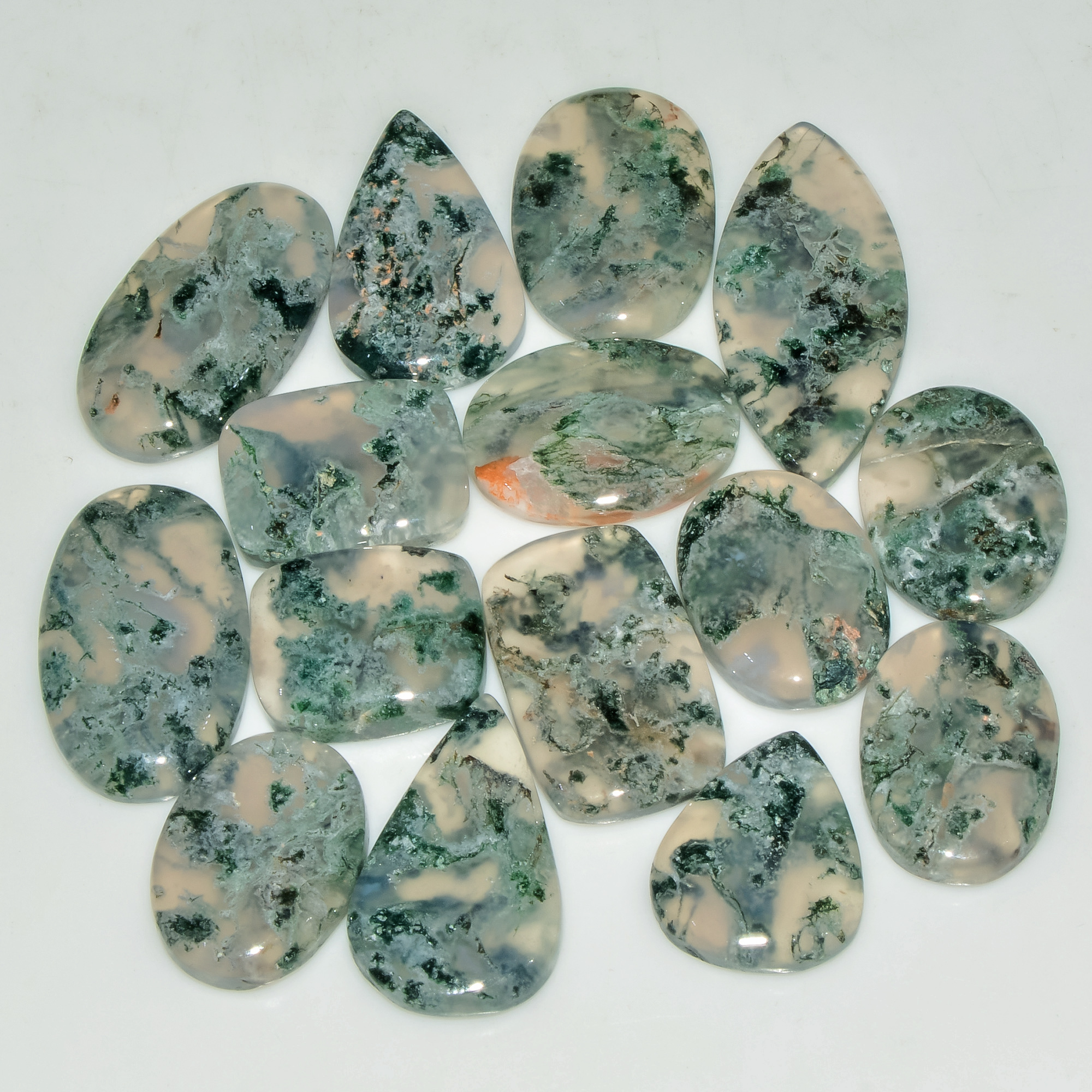 15 Pcs 195 Cts Natural Moss Agate Gemstone Cabochon Lot Semi-Precious Stones For Healing 32x14 17x14mm 18184
