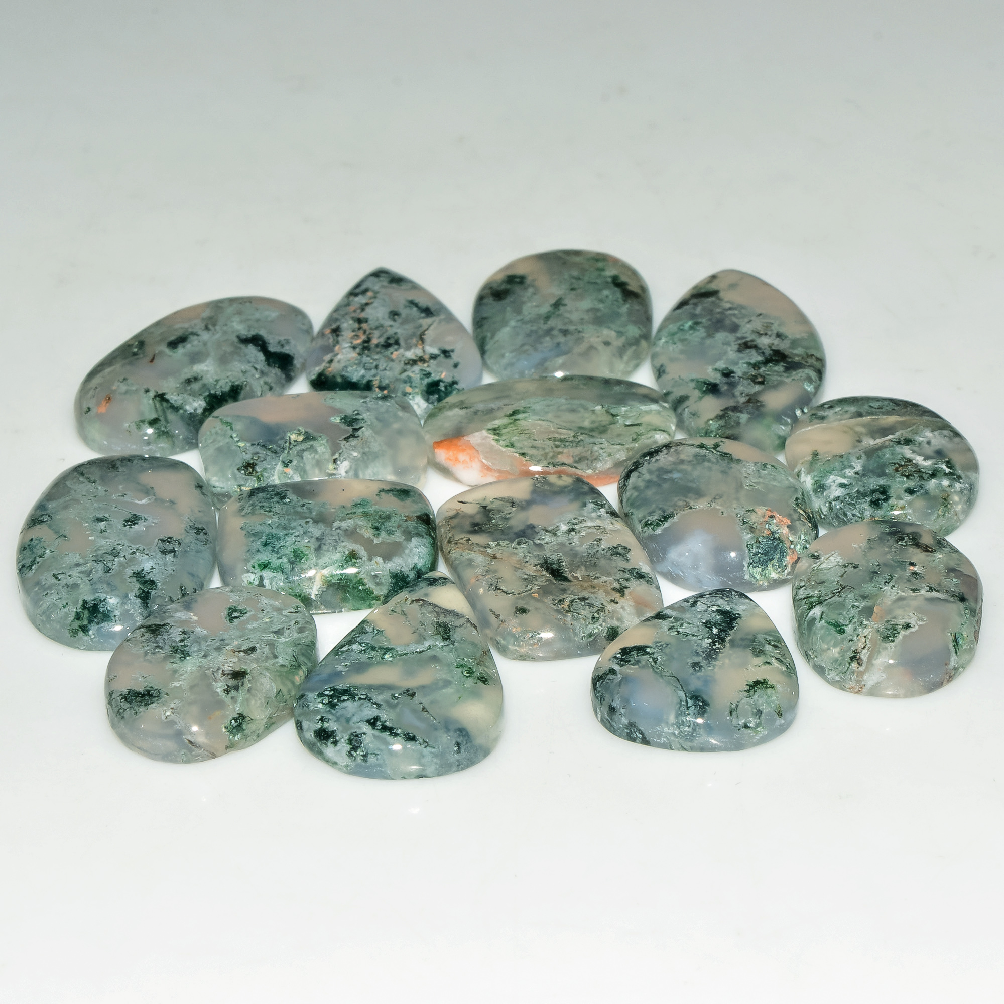 15 Pcs 195 Cts Natural Moss Agate Gemstone Cabochon Lot Semi-Precious Stones For Healing 32x14 17x14mm 18184