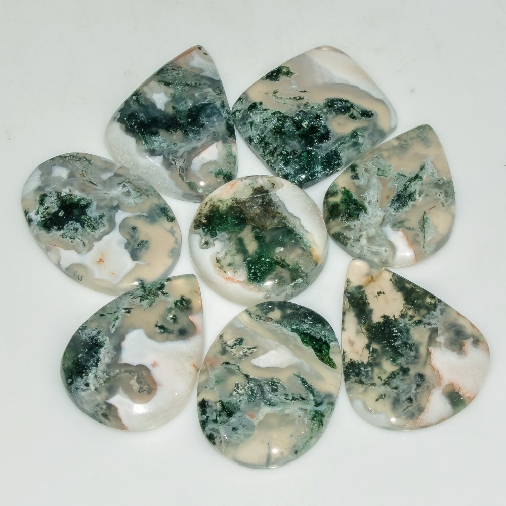 Image of 8 Pcs 145 Cts Natural Moss Agate Gemstone Cabochon Lot Semi-Precious Stones For Healing 26x19 24x18mm #18186