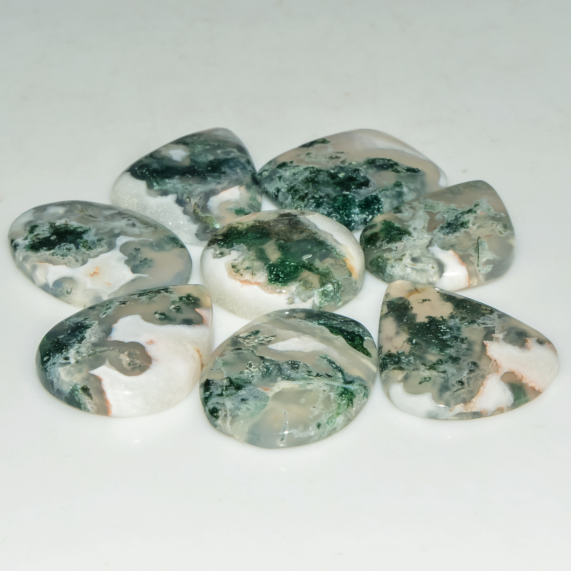 8 Pcs 145 Cts Natural Moss Agate Gemstone Cabochon Lot Semi-Precious Stones For Healing 26x19 24x18mm 18186