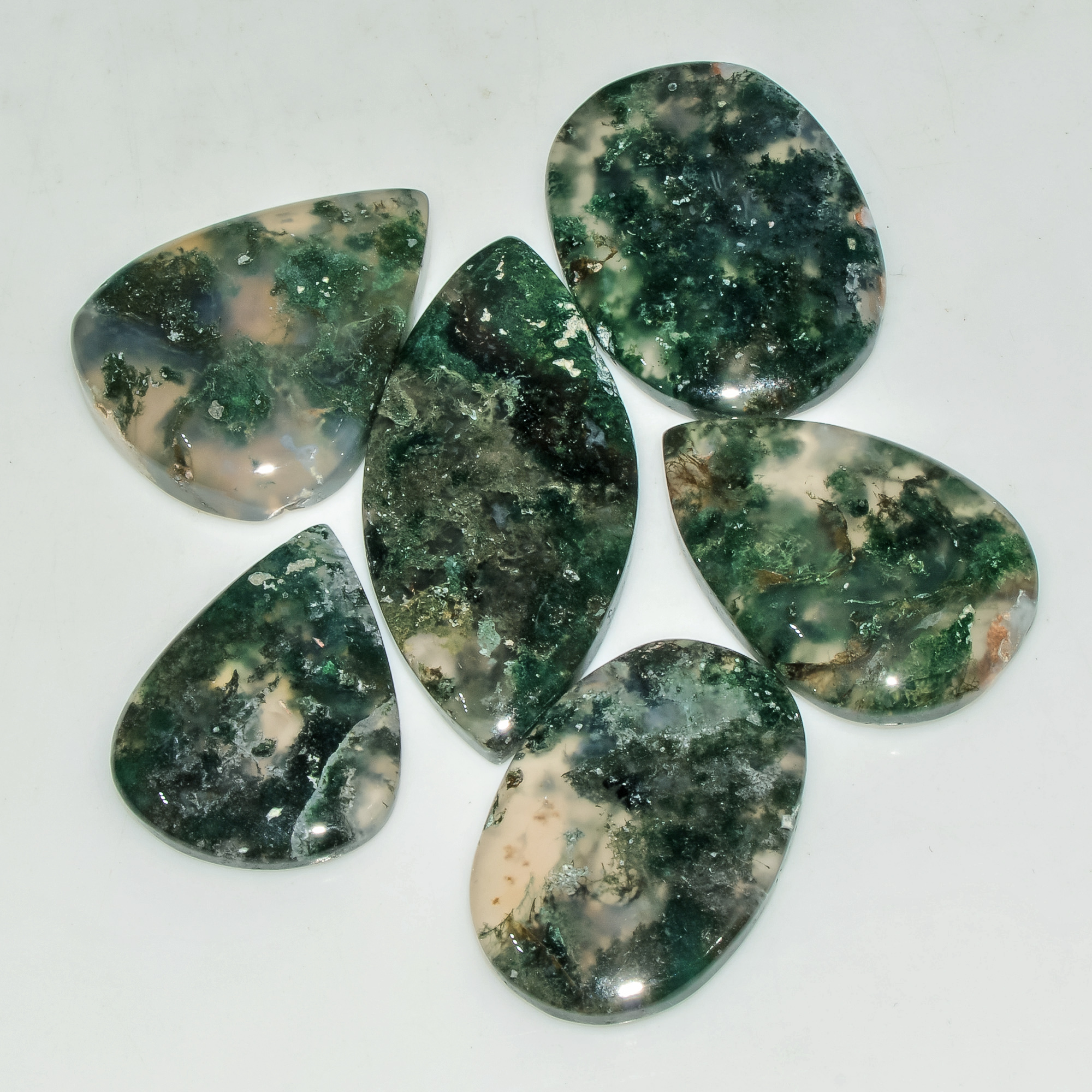 6 Pcs 182 Cts Natural Moss Agate Gemstone Cabochon Lot Semi-Precious Stones For Healing 42x19 26x20mm 18187