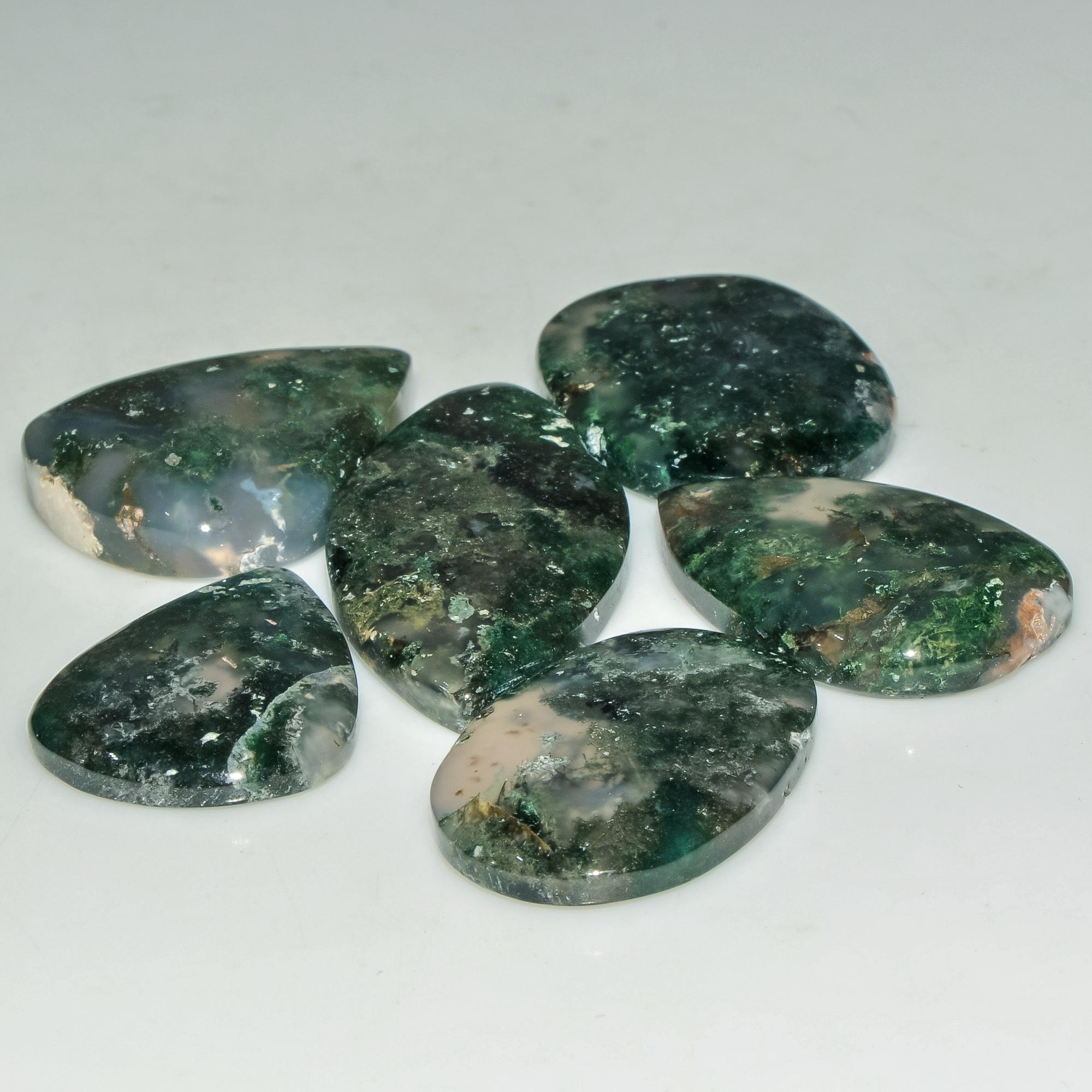 6 Pcs 182 Cts Natural Moss Agate Gemstone Cabochon Lot Semi-Precious Stones For Healing 42x19 26x20mm 18187
