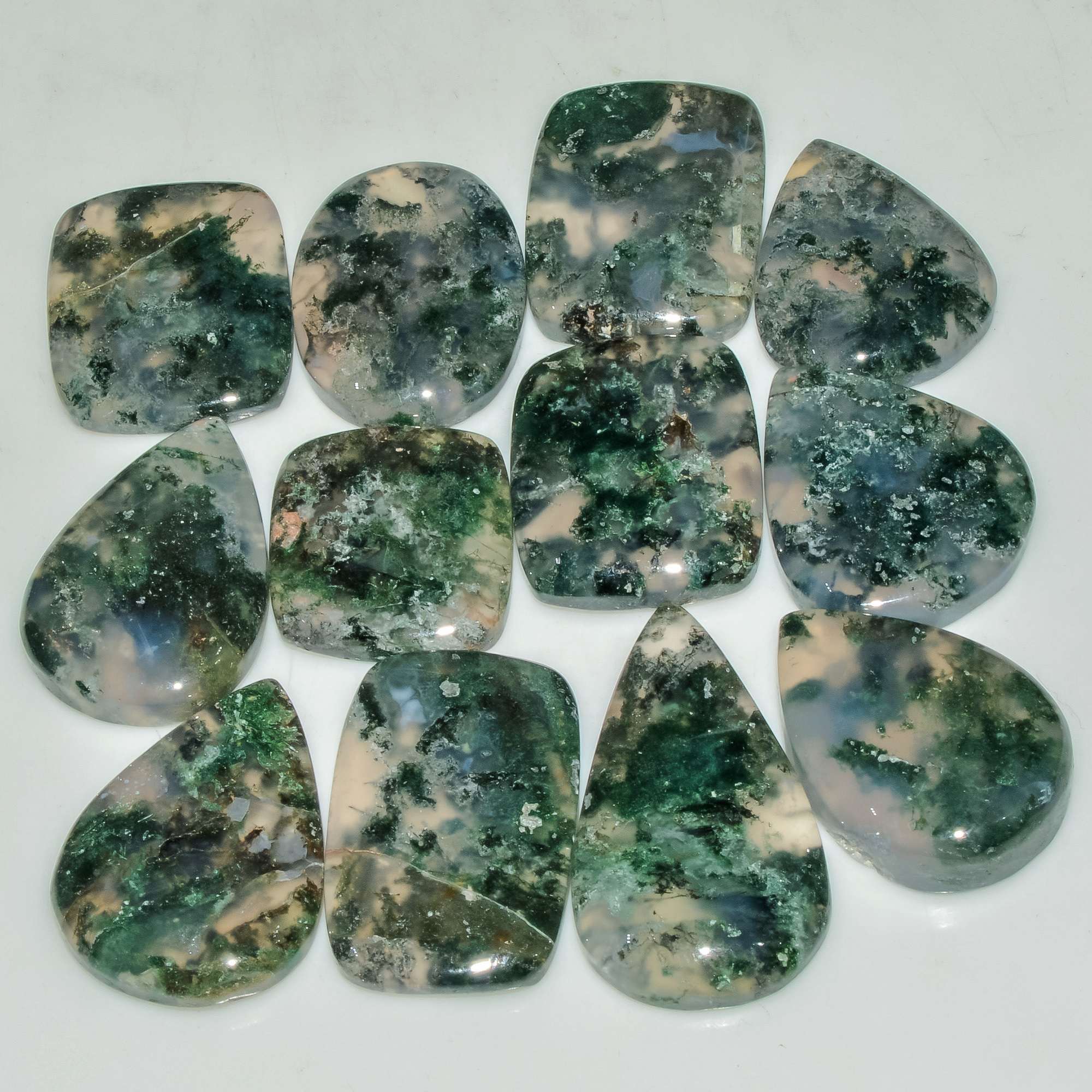 12 Pcs 256 Cts Natural Moss Agate Gemstone Cabochon Lot Semi-Precious Stones For Healing 32x18 19x18mm 18188