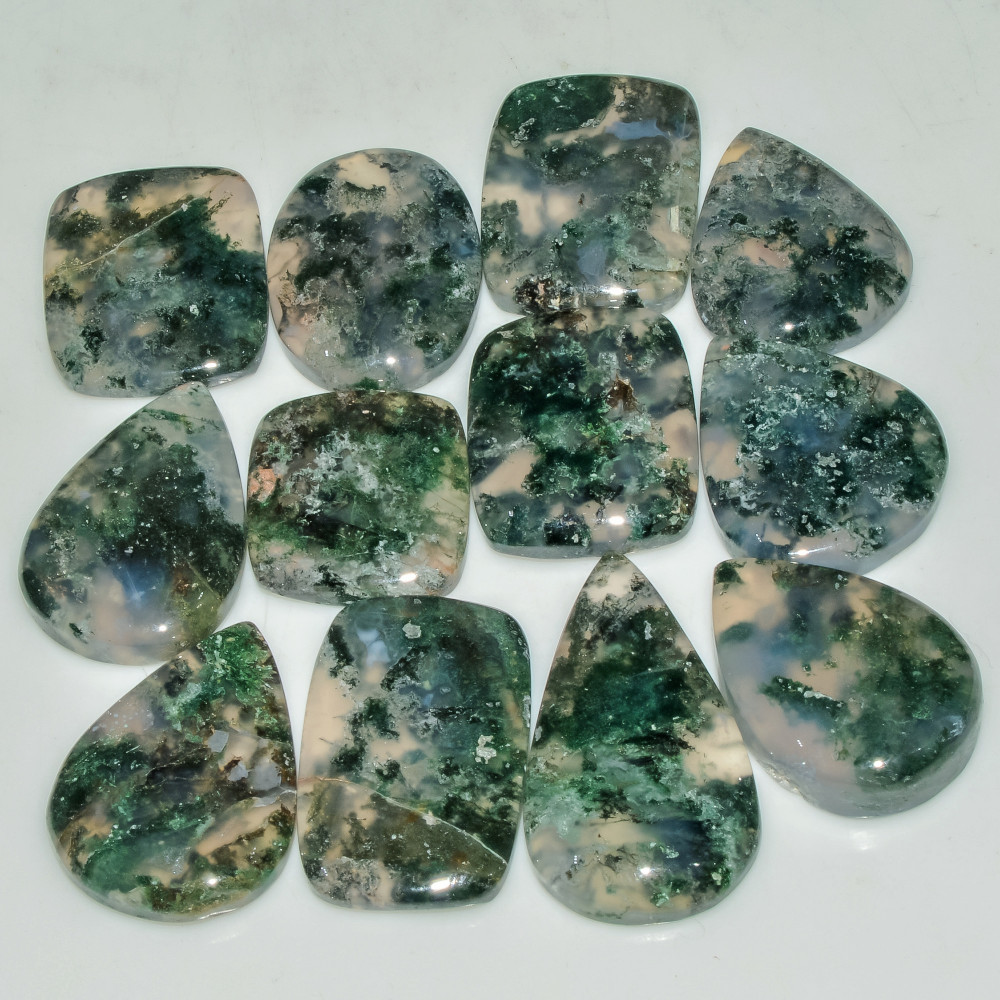 Image of 12 Pcs 256 Cts Natural Moss Agate Gemstone Cabochon Lot Semi-Precious Stones For Healing 32x18 19x18mm #18188