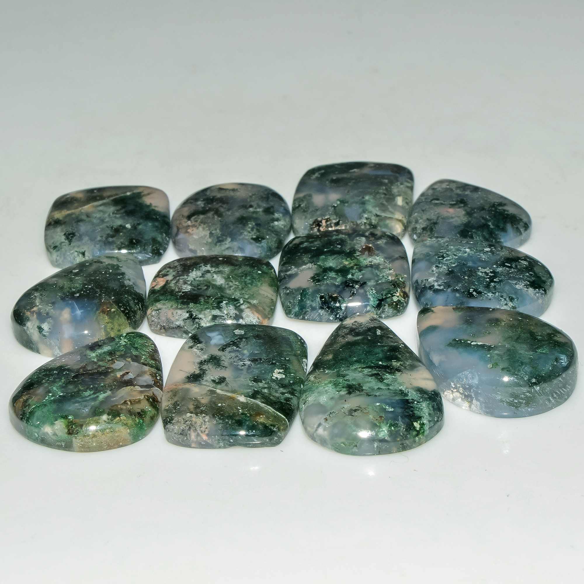 12 Pcs 256 Cts Natural Moss Agate Gemstone Cabochon Lot Semi-Precious Stones For Healing 32x18 19x18mm 18188