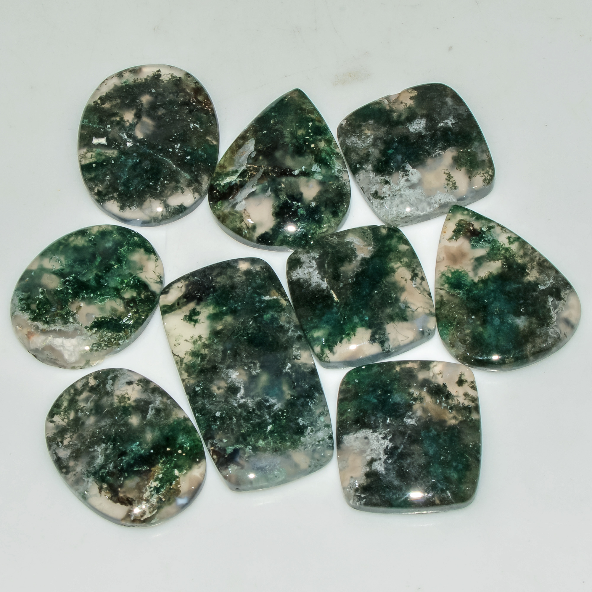 9 Pcs 179 Cts Natural Moss Agate Gemstone Cabochon Lot Semi-Precious Stones For Healing 34x17 19x18mm 18189