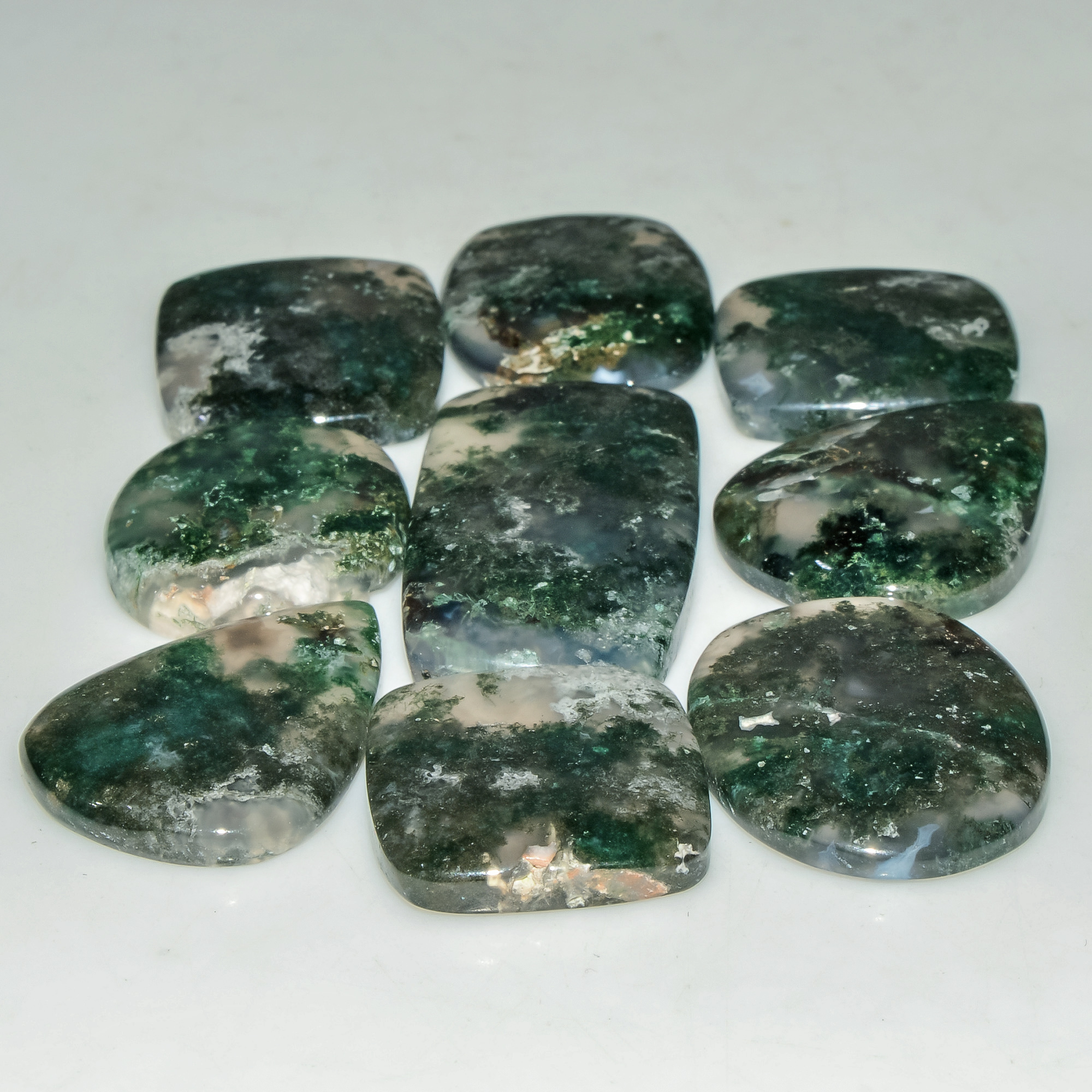 9 Pcs 179 Cts Natural Moss Agate Gemstone Cabochon Lot Semi-Precious Stones For Healing 34x17 19x18mm 18189