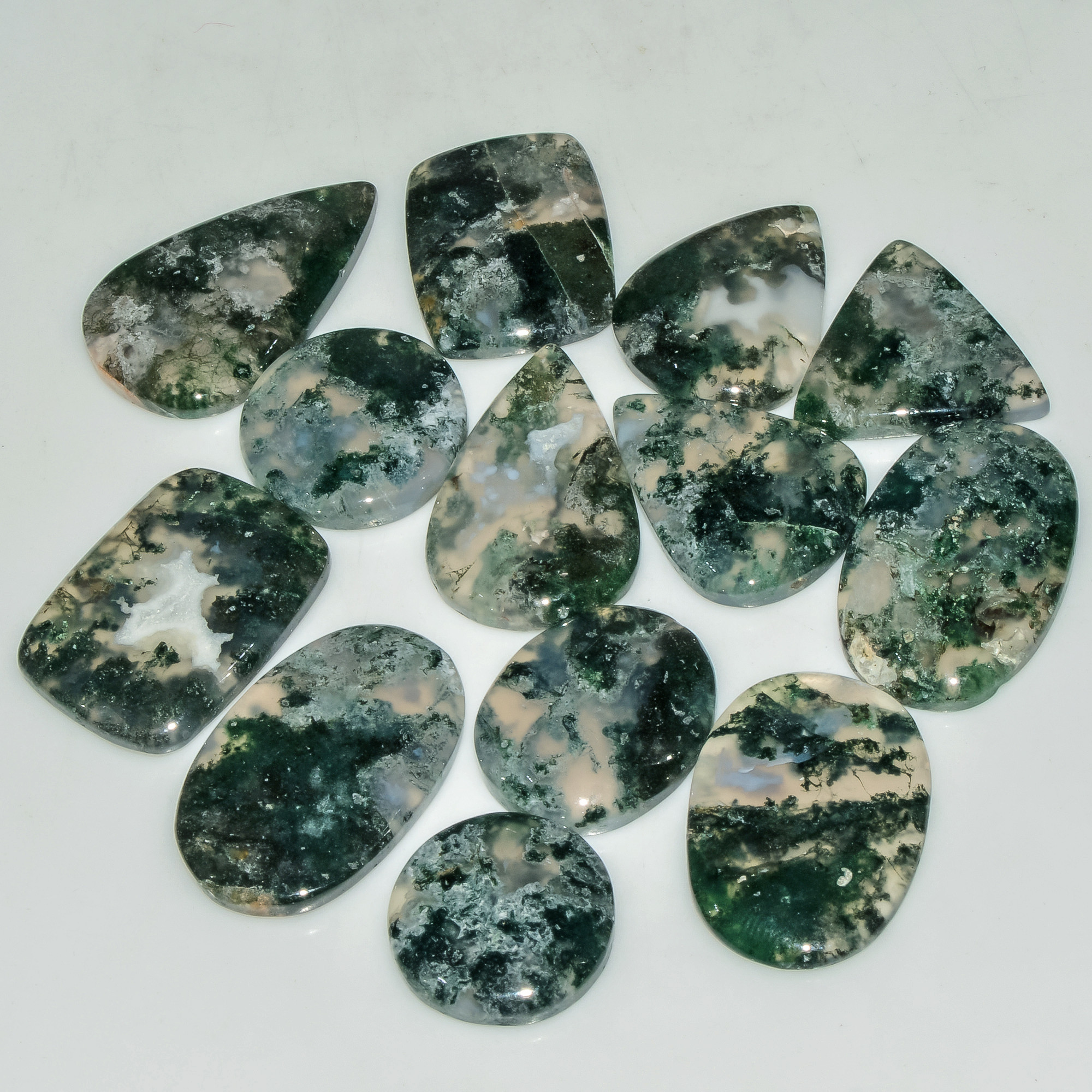 13 Pcs 231 Cts Natural Moss Agate Gemstone Cabochon Lot Semi-Precious Stones For Healing 30x18 18x18mm 18190
