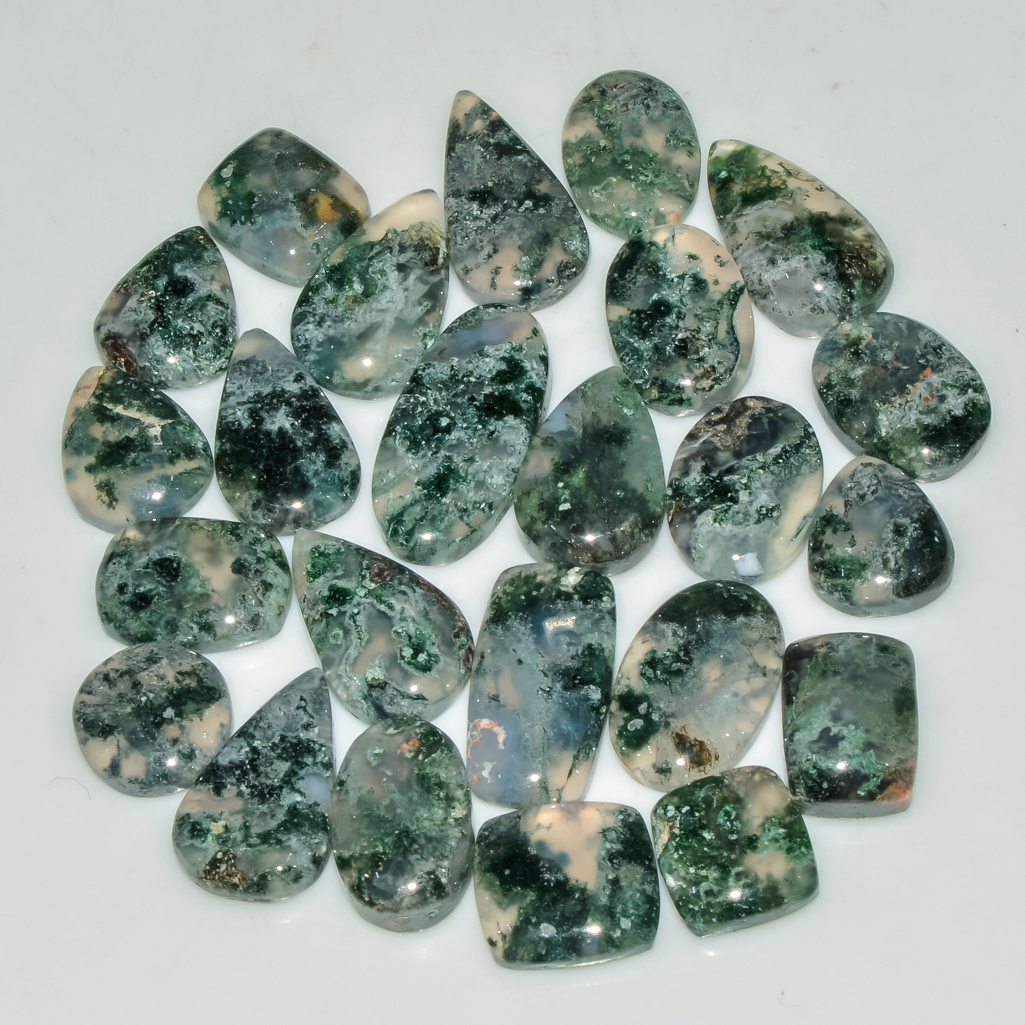 24 Pcs 178 Cts Natural Moss Agate Gemstone Cabochon Lot Semi-Precious Stones For Healing 22x10 11x11mm 18191