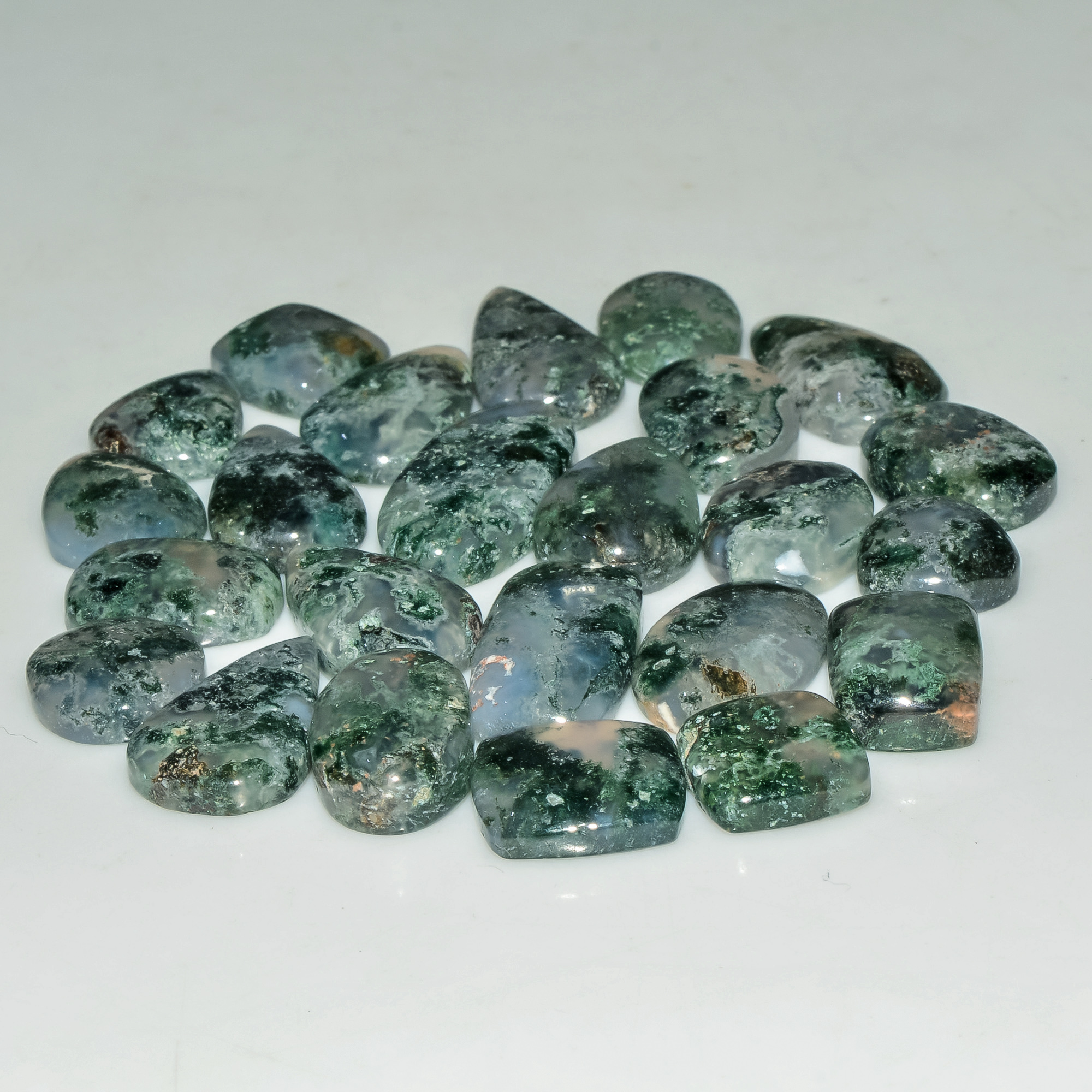 24 Pcs 178 Cts Natural Moss Agate Gemstone Cabochon Lot Semi-Precious Stones For Healing 22x10 11x11mm 18191