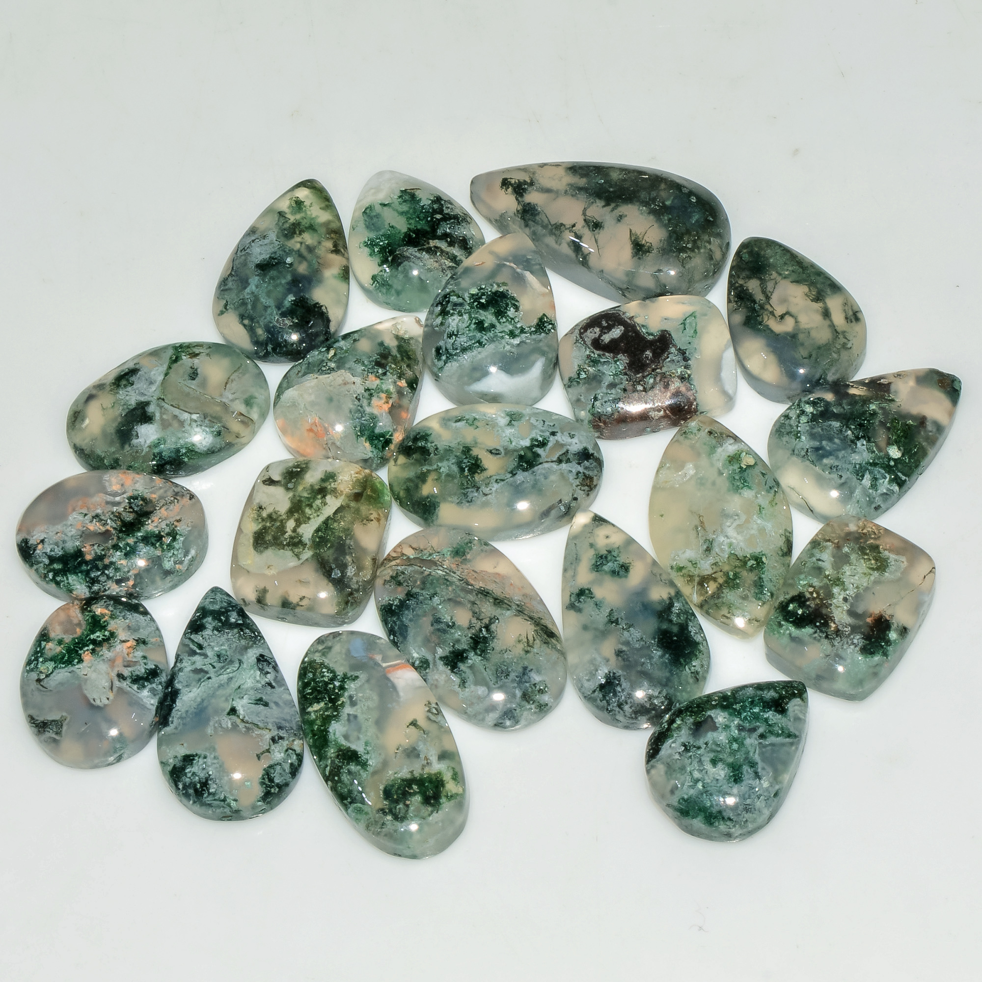 20 Pcs 154 Cts Natural Moss Agate Gemstone Cabochon Lot Green Crystals For Silver Jewelry 22x11 15x10mm 18192