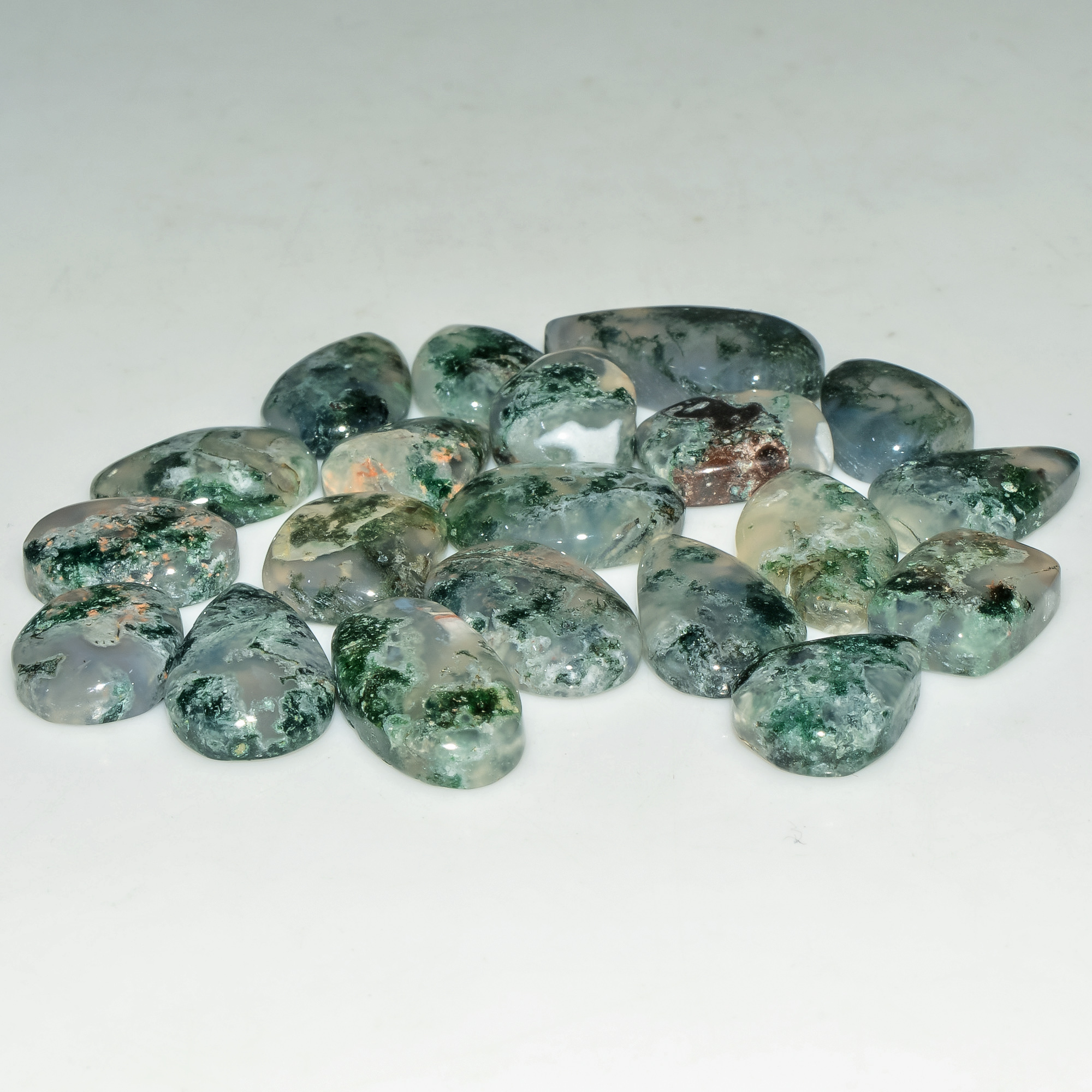 20 Pcs 154 Cts Natural Moss Agate Gemstone Cabochon Lot Green Crystals For Silver Jewelry 22x11 15x10mm 18192