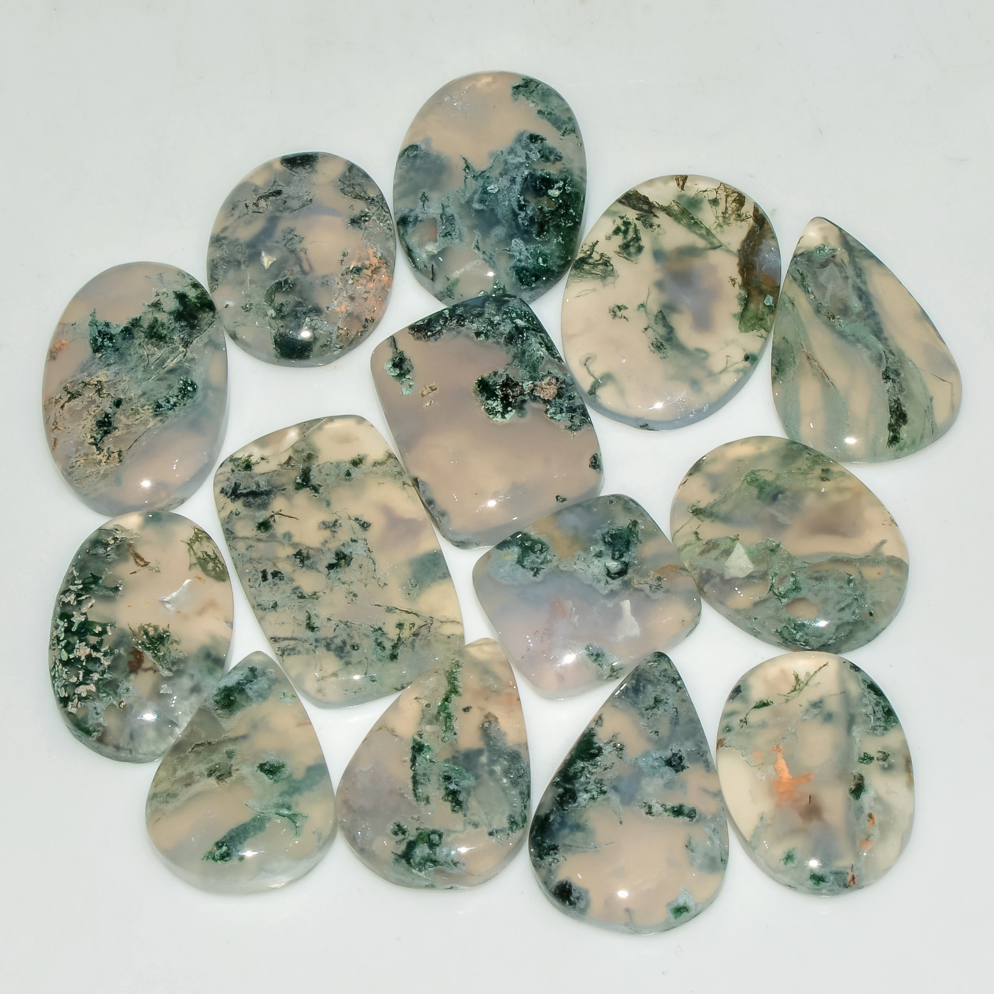 14 Pcs 189 Cts Natural Moss Agate Gemstone Cabochon Lot Green Crystals For Silver Jewelry 25x15 15x15mm 18193