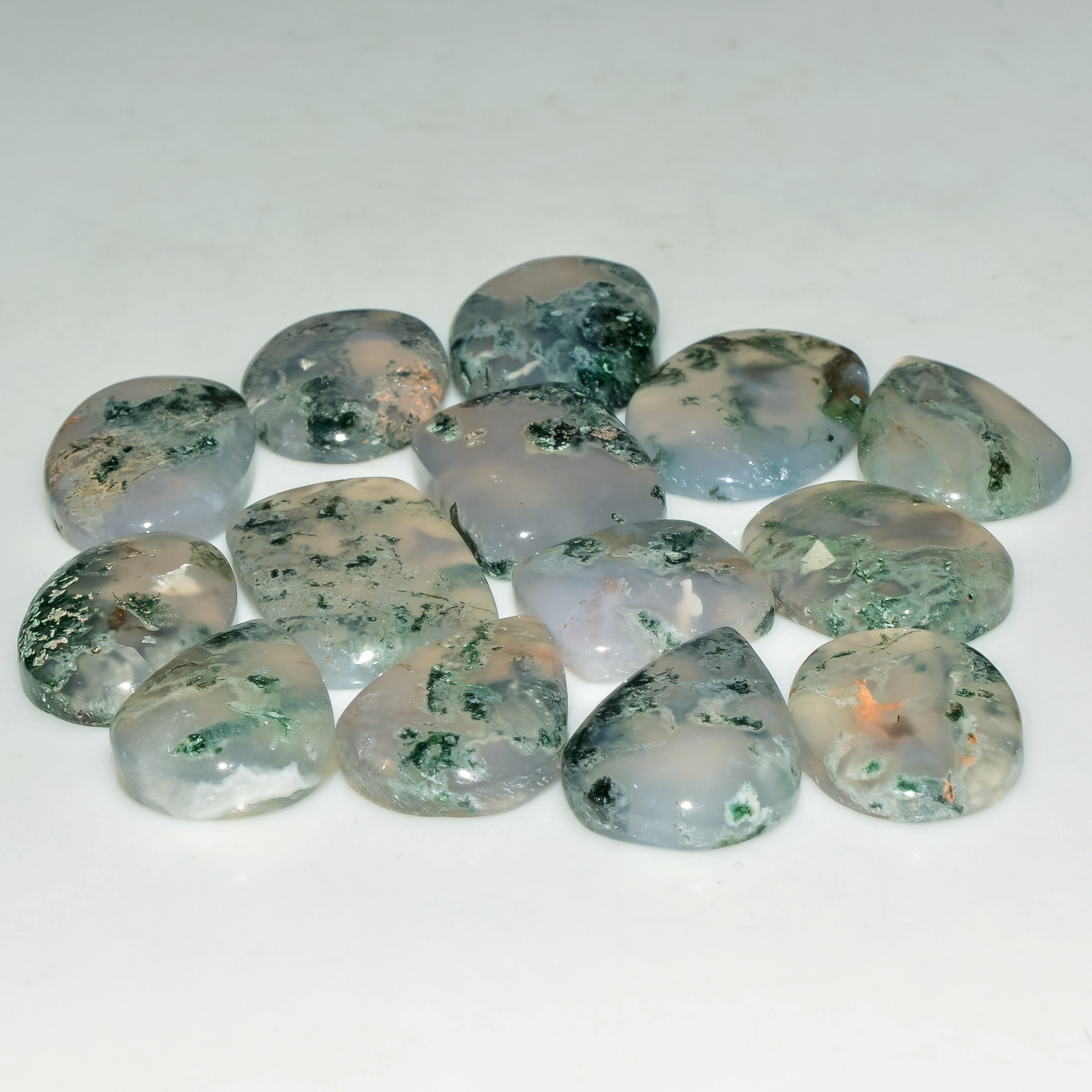 14 Pcs 189 Cts Natural Moss Agate Gemstone Cabochon Lot Green Crystals For Silver Jewelry 25x15 15x15mm 18193