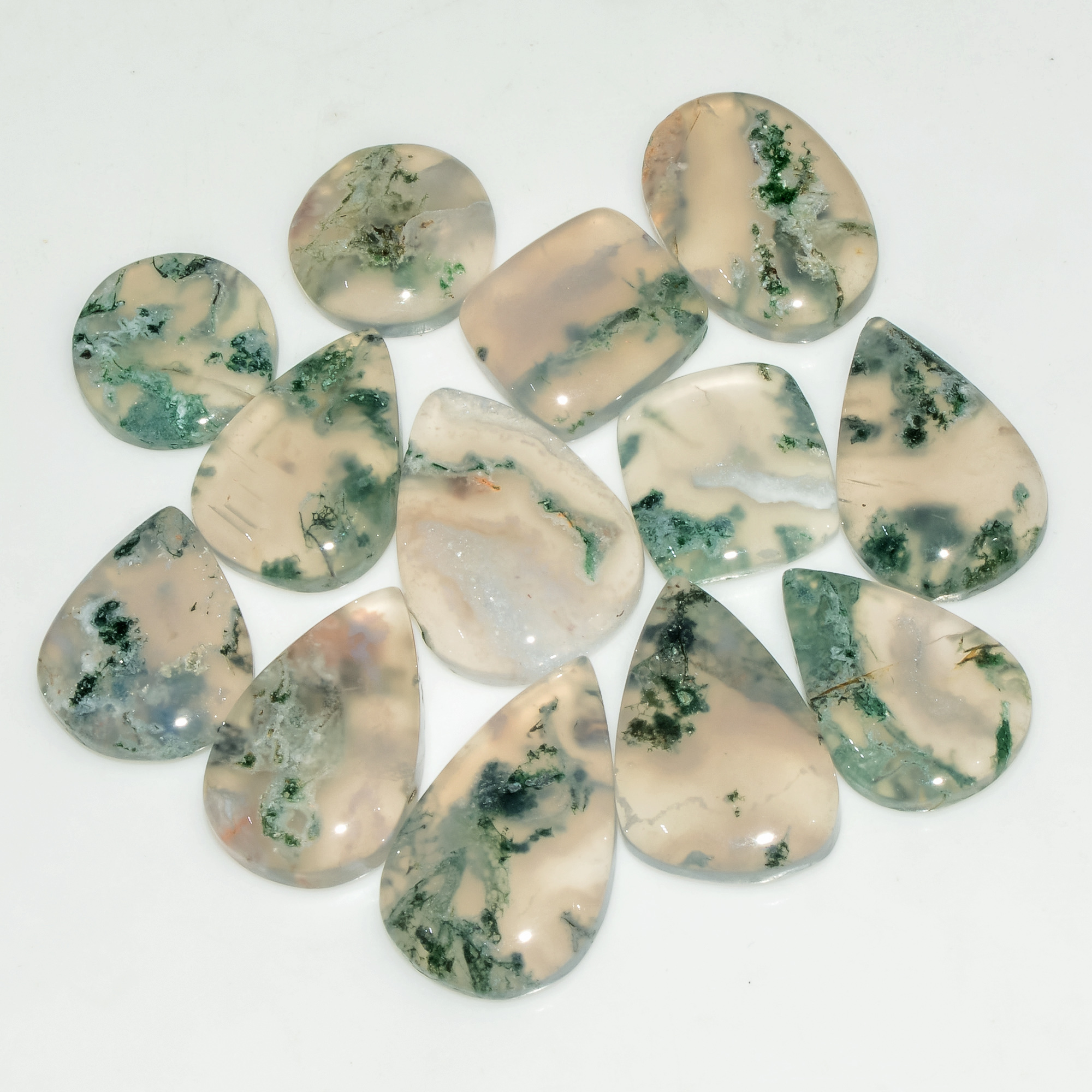 13 Pcs 118 Cts Natural Moss Agate Gemstone Cabochon Lot Green Crystals For Silver Jewelry 24x14 13x13mm 18194
